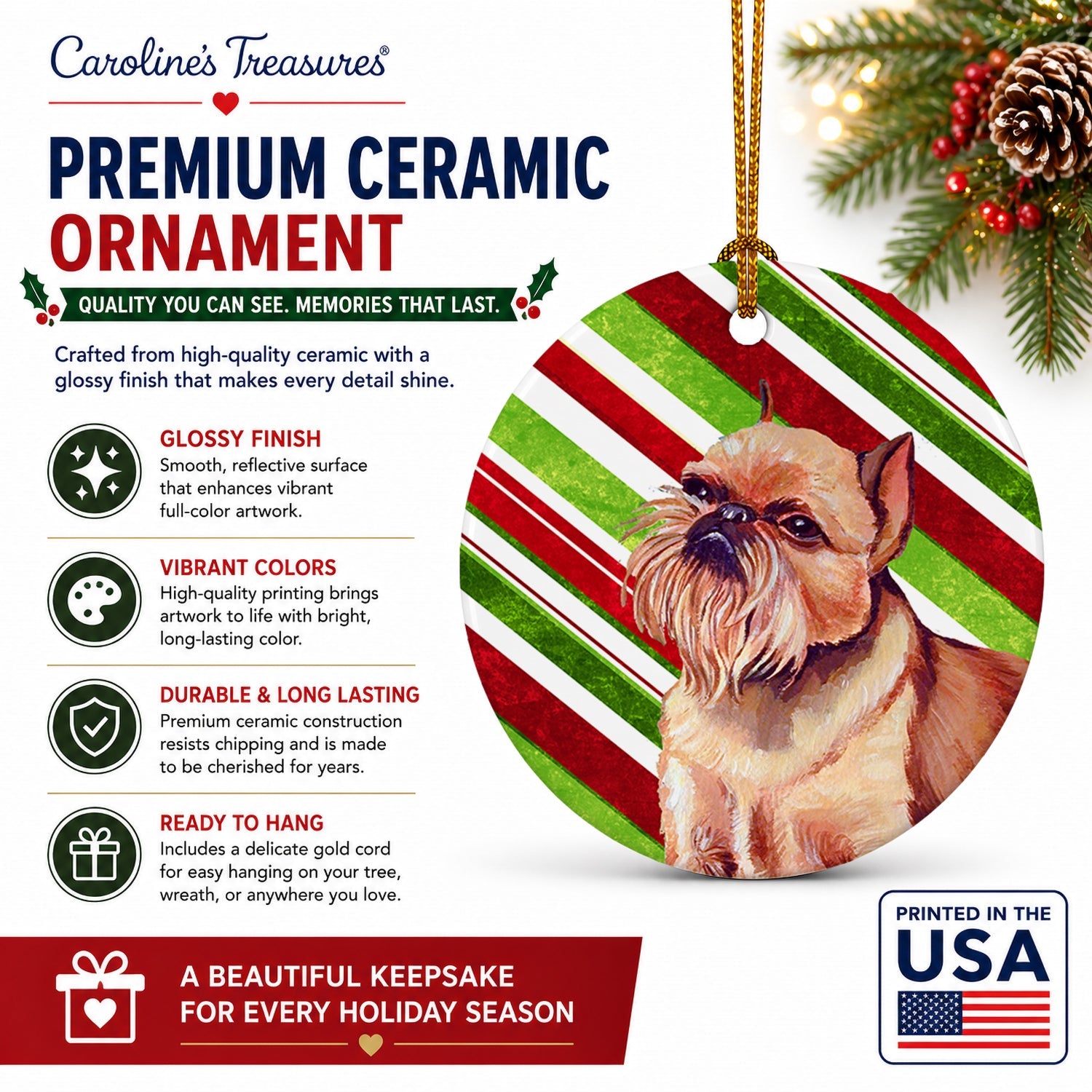 Brussels Griffon Candy Cane Holiday Christmas Ceramic Ornament Christmas Tree Hanging Decorations for Home Christmas Holiday, Party, Gift, 3 in, Multicolor