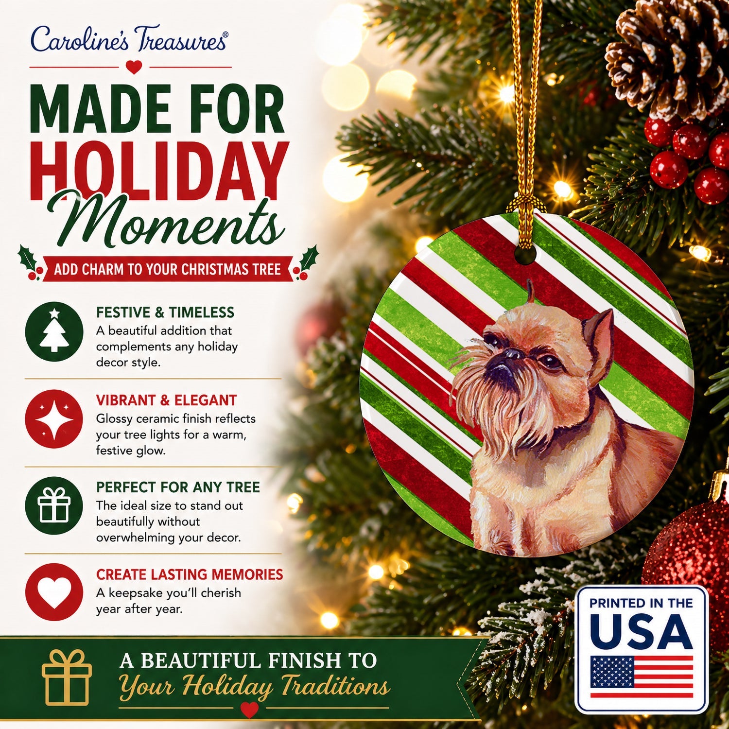 Brussels Griffon Candy Cane Holiday Christmas Ceramic Ornament Christmas Tree Hanging Decorations for Home Christmas Holiday, Party, Gift, 3 in, Multicolor