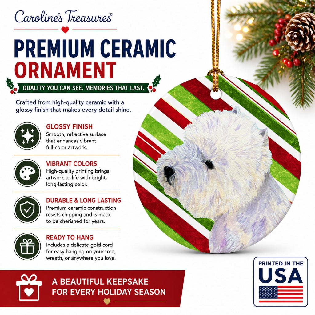 Westie Candy Cane Holiday Christmas Ceramic Ornament Christmas Tree Hanging Decorations for Home Christmas Holiday, Party, Gift, 3 in, Multicolor