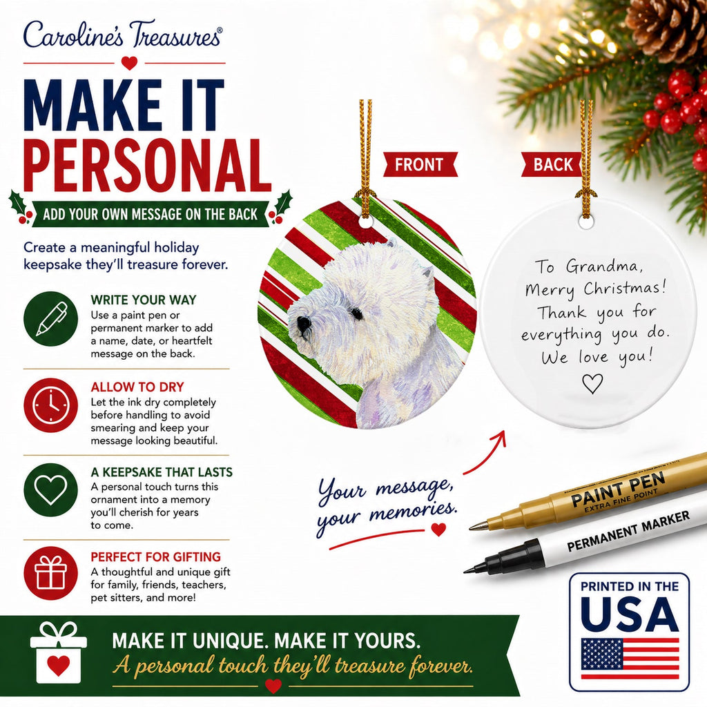 Westie Candy Cane Holiday Christmas Ceramic Ornament Christmas Tree Hanging Decorations for Home Christmas Holiday, Party, Gift, 3 in, Multicolor