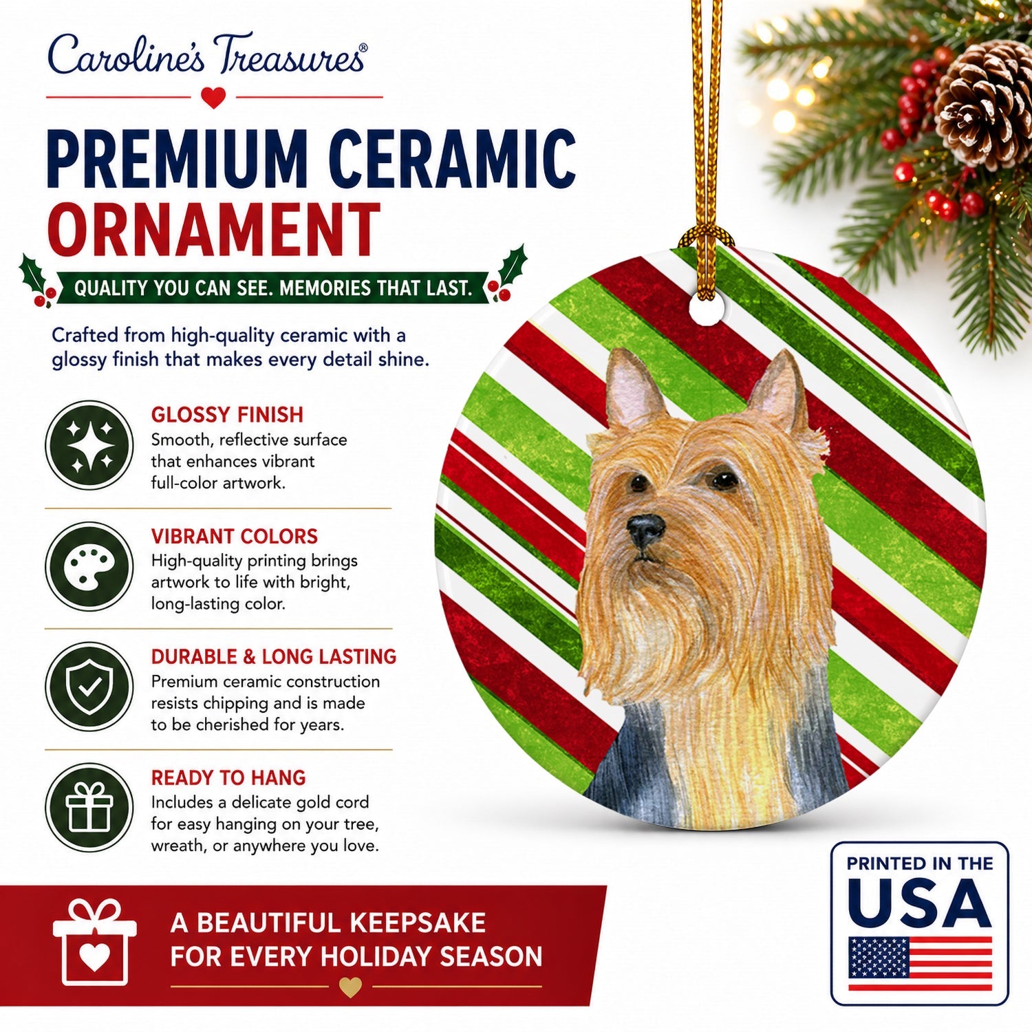Silky Terrier Candy Cane Holiday Christmas Ceramic Ornament Christmas Tree Hanging Decorations for Home Christmas Holiday, Party, Gift, 3 in, Multicolor