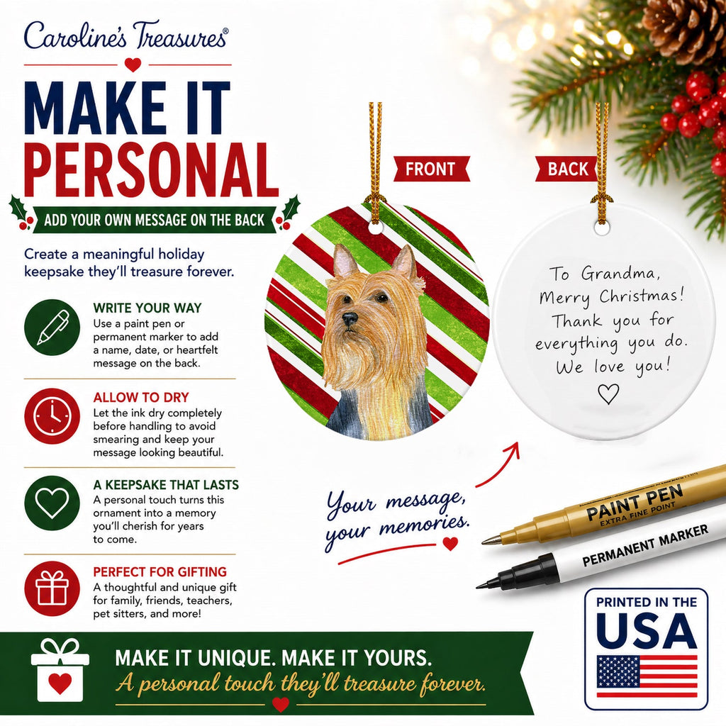 Silky Terrier Candy Cane Holiday Christmas Ceramic Ornament Christmas Tree Hanging Decorations for Home Christmas Holiday, Party, Gift, 3 in, Multicolor