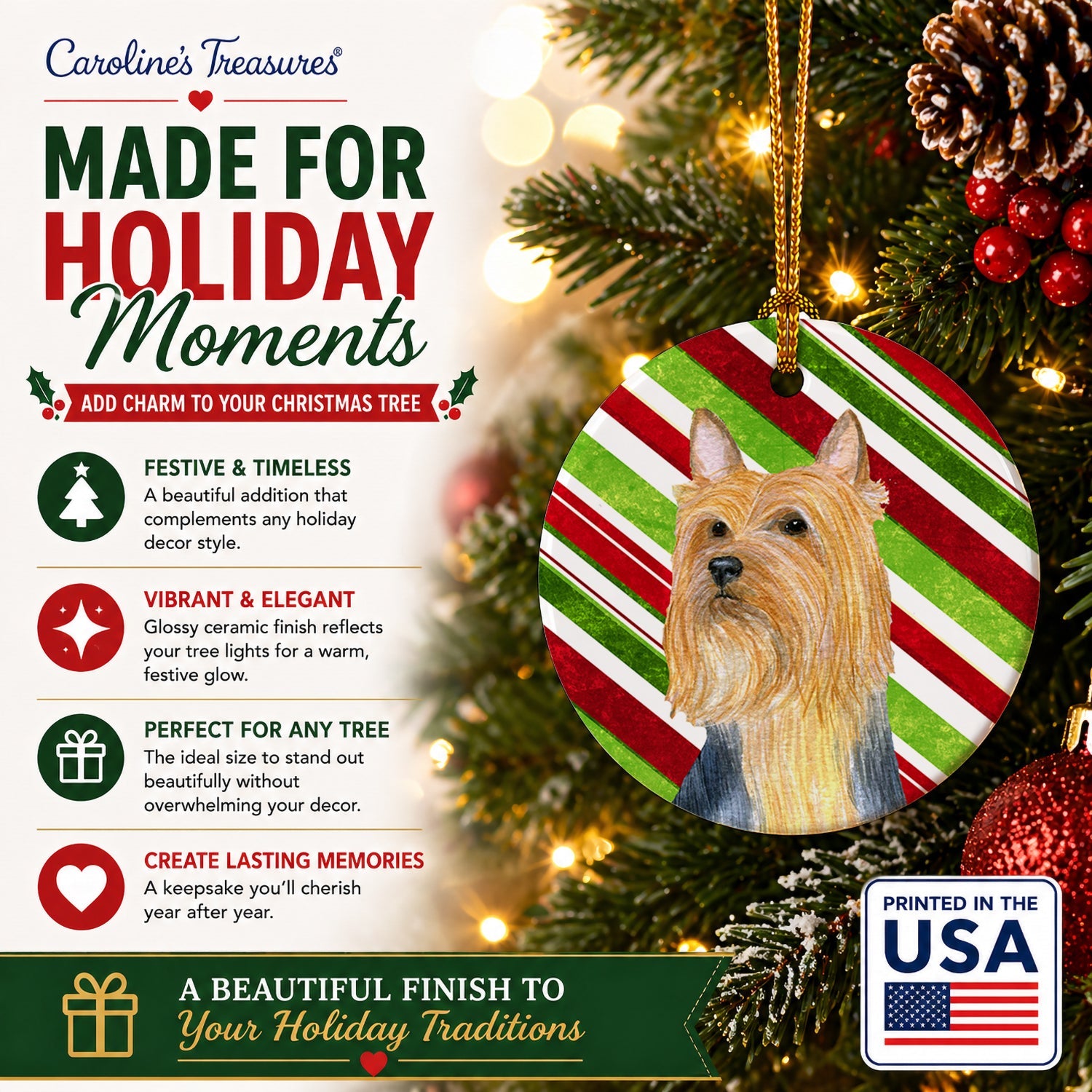 Silky Terrier Candy Cane Holiday Christmas Ceramic Ornament Christmas Tree Hanging Decorations for Home Christmas Holiday, Party, Gift, 3 in, Multicolor