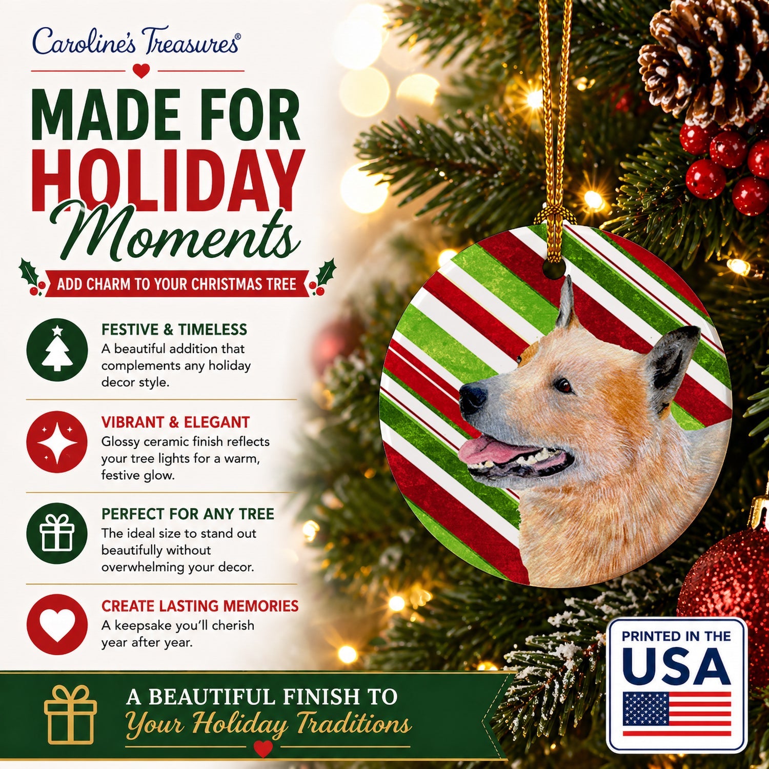 Australian Cattle Dog Candy Cane Holiday Christmas Ceramic Ornament Christmas Tree Hanging Decorations for Home Christmas Holiday, Party, Gift, 3 in, Multicolor