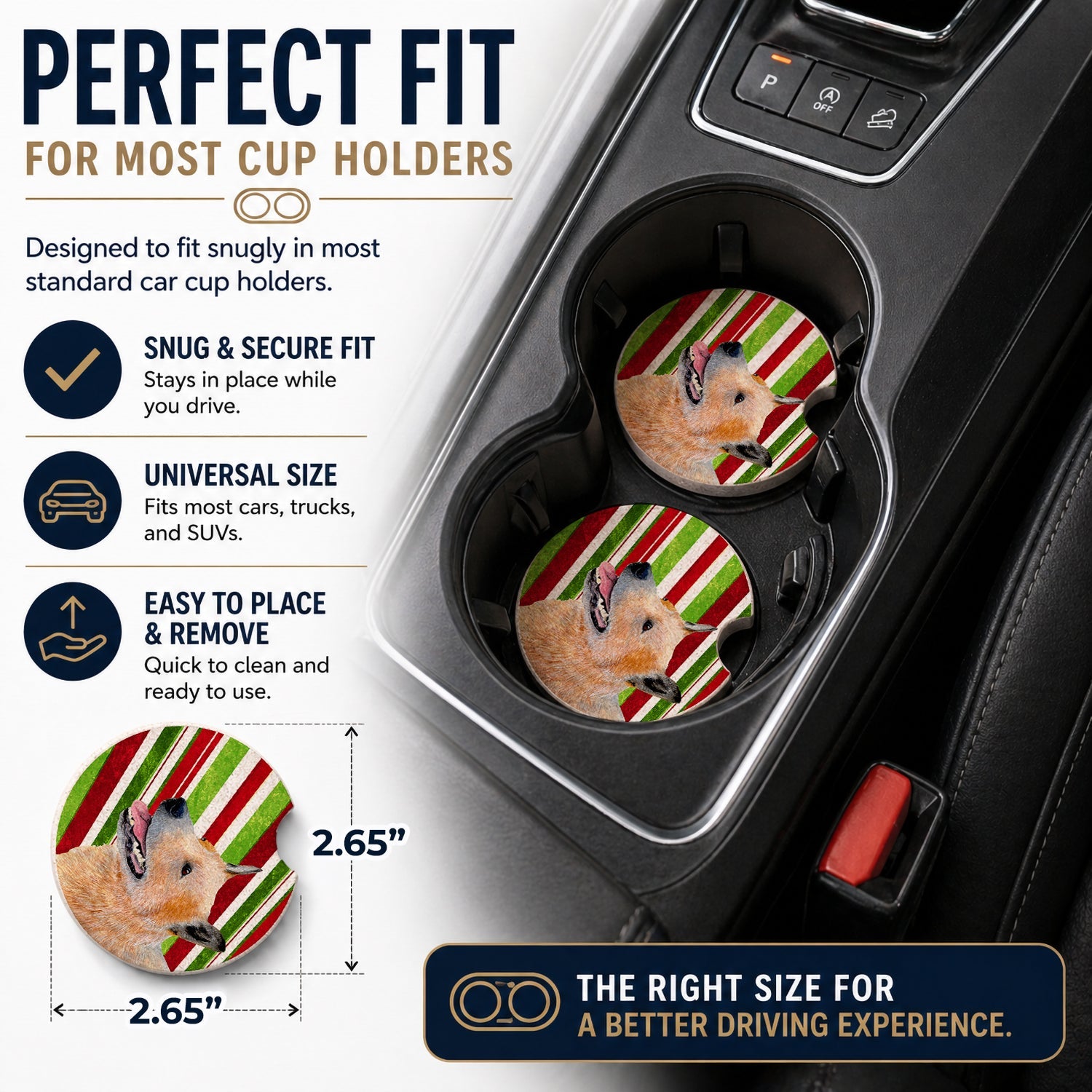 Australian Cattle Dog Candy Cane Holiday Christmas Set of 2 Cup Holder Car Coasters Absorbent Round Sandstone Coasters Gifts for Men or Women, 2.5, Multicolor