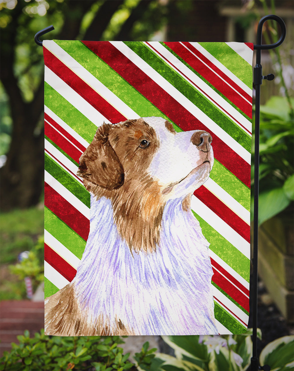 Australian Shepherd Candy Cane Holiday Christmas Garden Flag Mailbox Decorative Yard Banner Outside Patio Artwork for Flower Beds, Garden Size, Multicolor