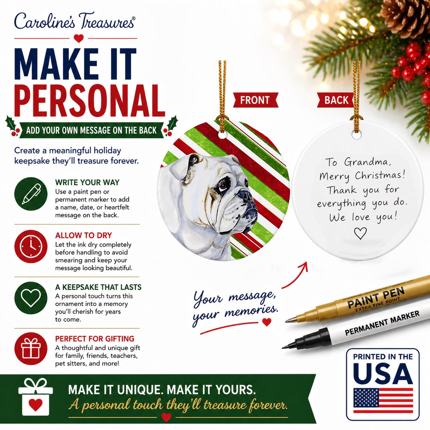 Bulldog English Candy Cane Holiday Christmas Ceramic Ornament Christmas Tree Hanging Decorations for Home Christmas Holiday, Party, Gift, 3 in, Multicolor