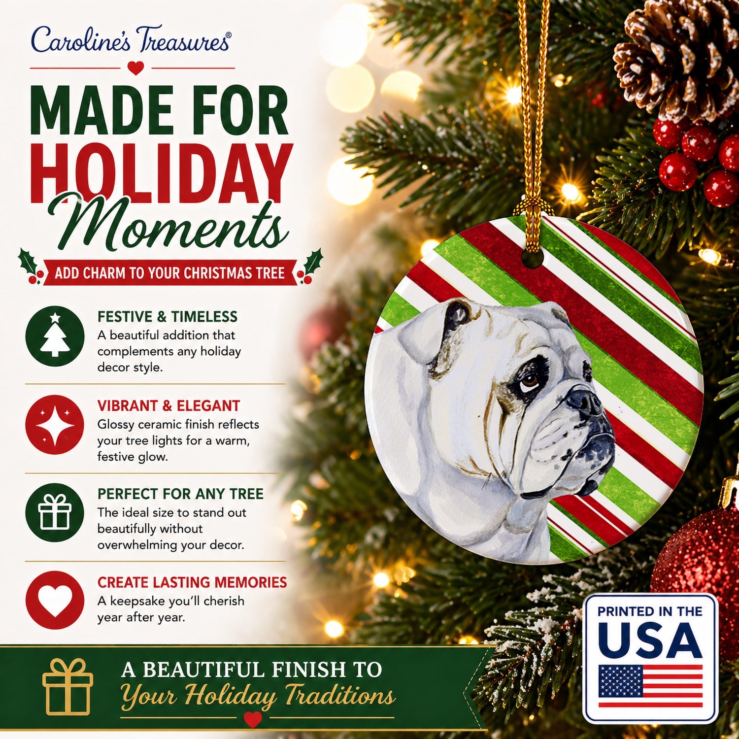 Bulldog English Candy Cane Holiday Christmas Ceramic Ornament Christmas Tree Hanging Decorations for Home Christmas Holiday, Party, Gift, 3 in, Multicolor