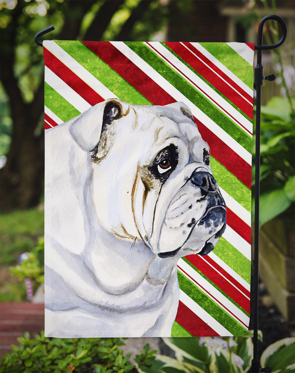 Bulldog English Candy Cane Holiday Christmas Garden Flag Mailbox Decorative Yard Banner Outside Patio Artwork for Flower Beds, Garden Size, Multicolor