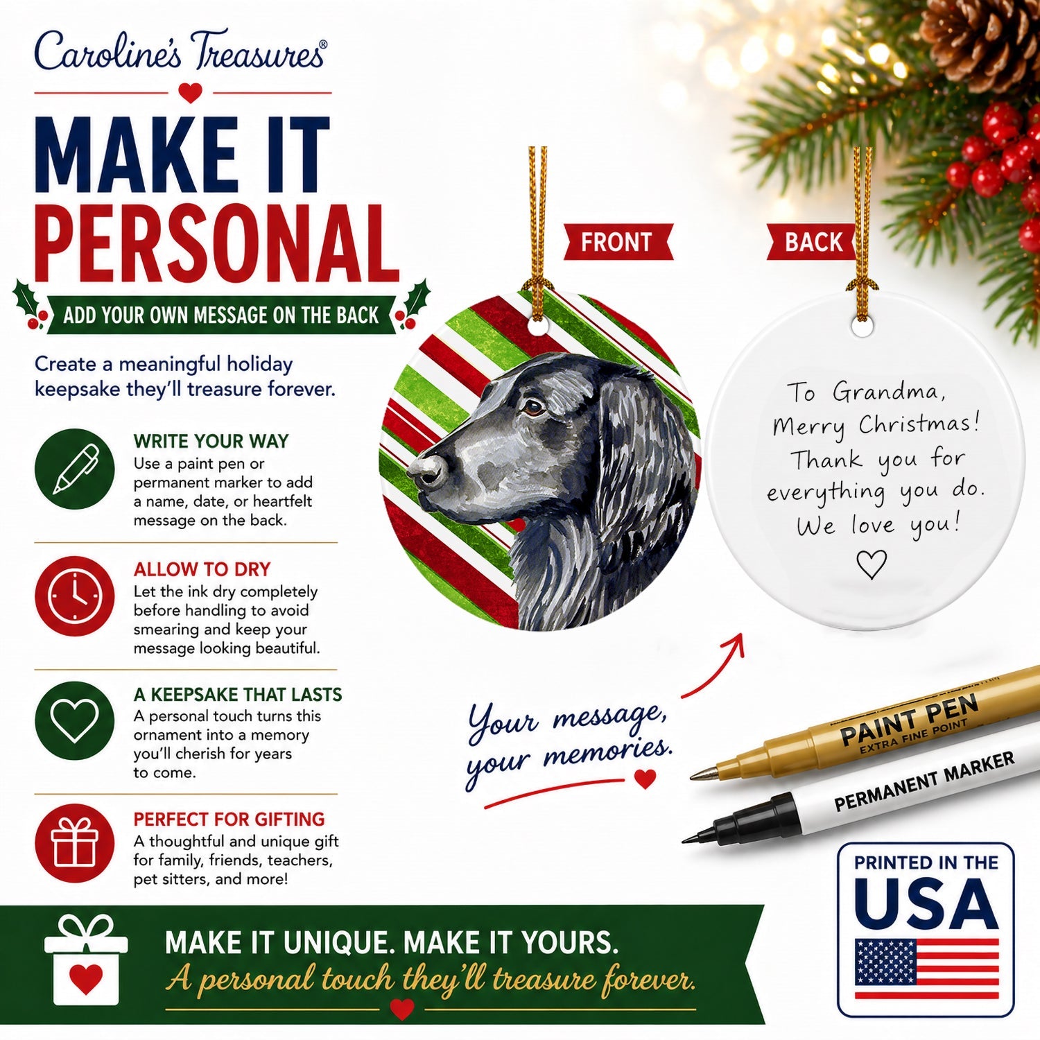 Flat Coated Retriever Candy Cane Holiday Christmas Ceramic Ornament Christmas Tree Hanging Decorations for Home Christmas Holiday, Party, Gift, 3 in, Multicolor