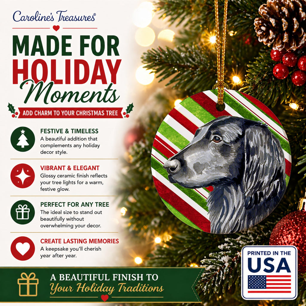 Flat Coated Retriever Candy Cane Holiday Christmas Ceramic Ornament Christmas Tree Hanging Decorations for Home Christmas Holiday, Party, Gift, 3 in, Multicolor