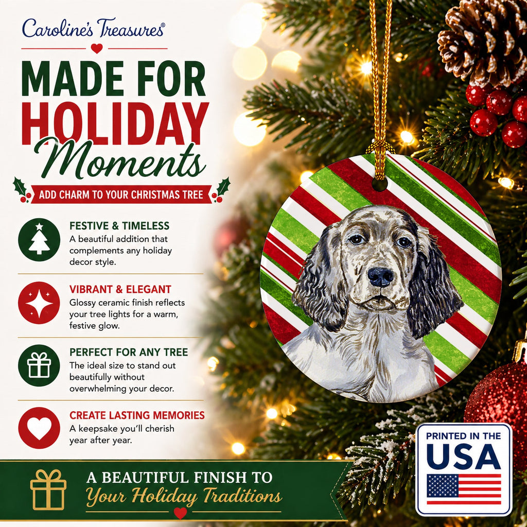 English Setter Candy Cane Holiday Christmas Ceramic Ornament Christmas Tree Hanging Decorations for Home Christmas Holiday, Party, Gift, 3 in, Multicolor