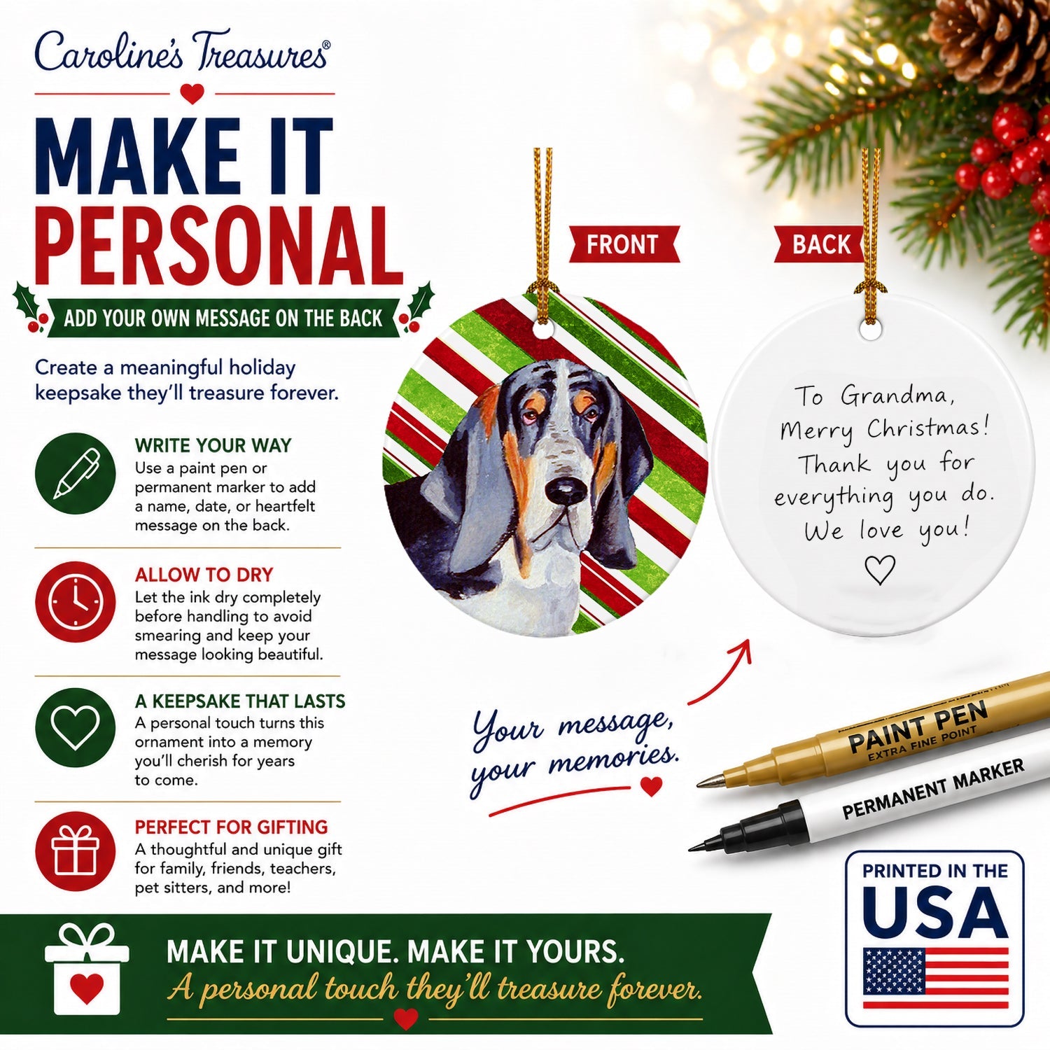 Basset Hound Candy Cane Holiday Christmas Ceramic Ornament Christmas Tree Hanging Decorations for Home Christmas Holiday, Party, Gift, 3 in, Multicolor