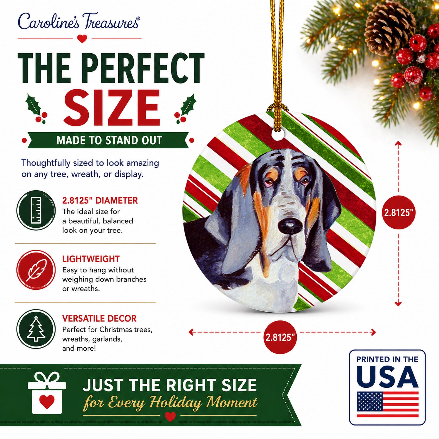 Basset Hound Candy Cane Holiday Christmas Ceramic Ornament Christmas Tree Hanging Decorations for Home Christmas Holiday, Party, Gift, 3 in, Multicolor