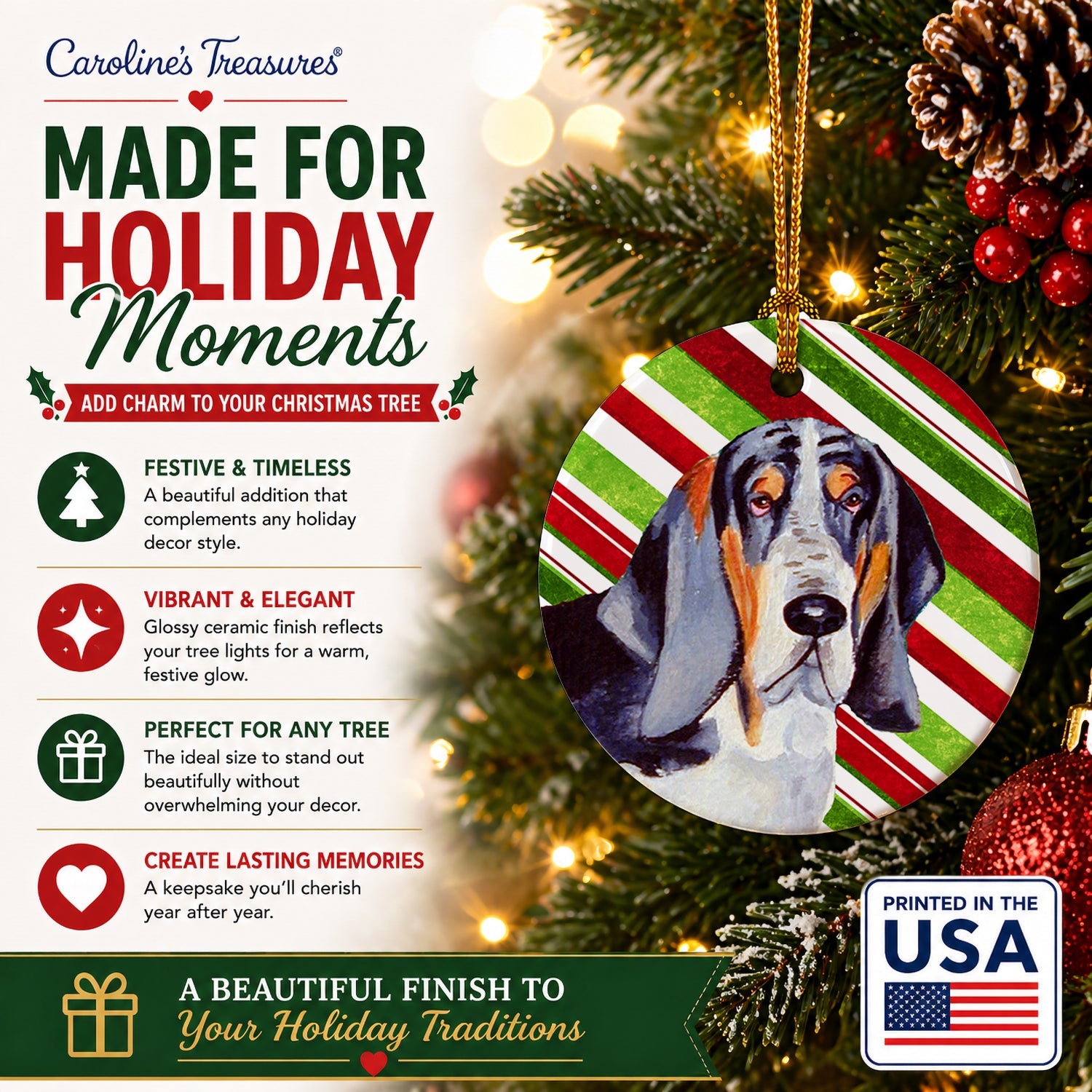 Basset Hound Candy Cane Holiday Christmas Ceramic Ornament Christmas Tree Hanging Decorations for Home Christmas Holiday, Party, Gift, 3 in, Multicolor