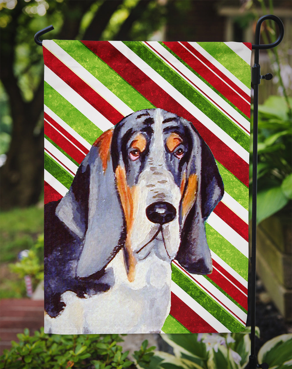 Basset Hound Candy Cane Holiday Christmas Garden Flag Mailbox Decorative Yard Banner Outside Patio Artwork for Flower Beds, Garden Size, Multicolor