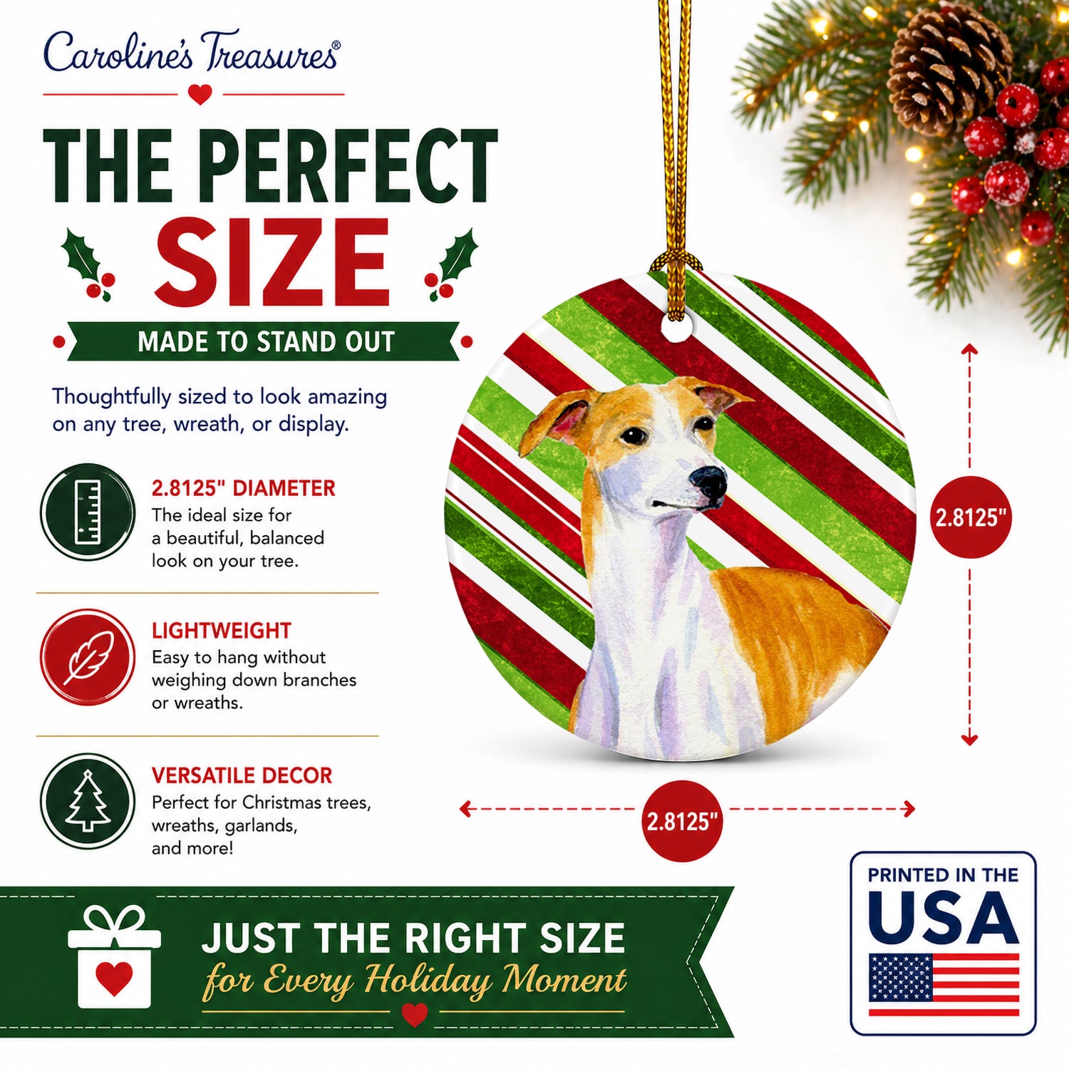 Whippet Candy Cane Holiday Christmas Ceramic Ornament Christmas Tree Hanging Decorations for Home Christmas Holiday, Party, Gift, 3 in, Multicolor