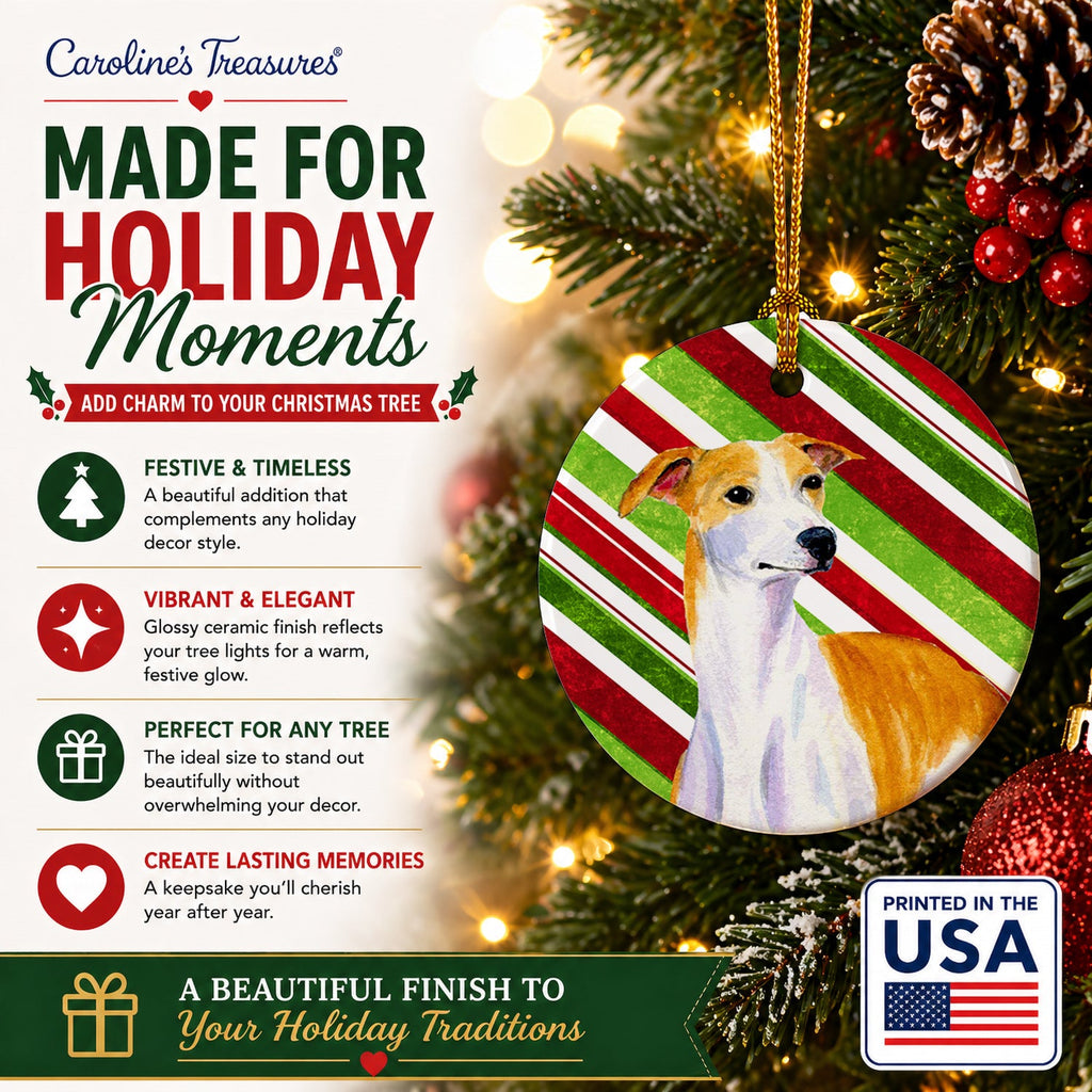 Whippet Candy Cane Holiday Christmas Ceramic Ornament Christmas Tree Hanging Decorations for Home Christmas Holiday, Party, Gift, 3 in, Multicolor
