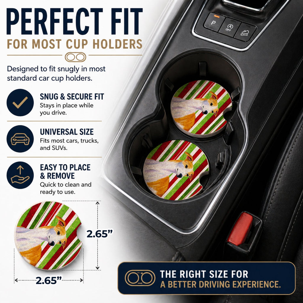 Whippet Candy Cane Holiday Christmas Set of 2 Cup Holder Car Coasters Absorbent Round Sandstone Coasters Gifts for Men or Women, 2.5, Multicolor