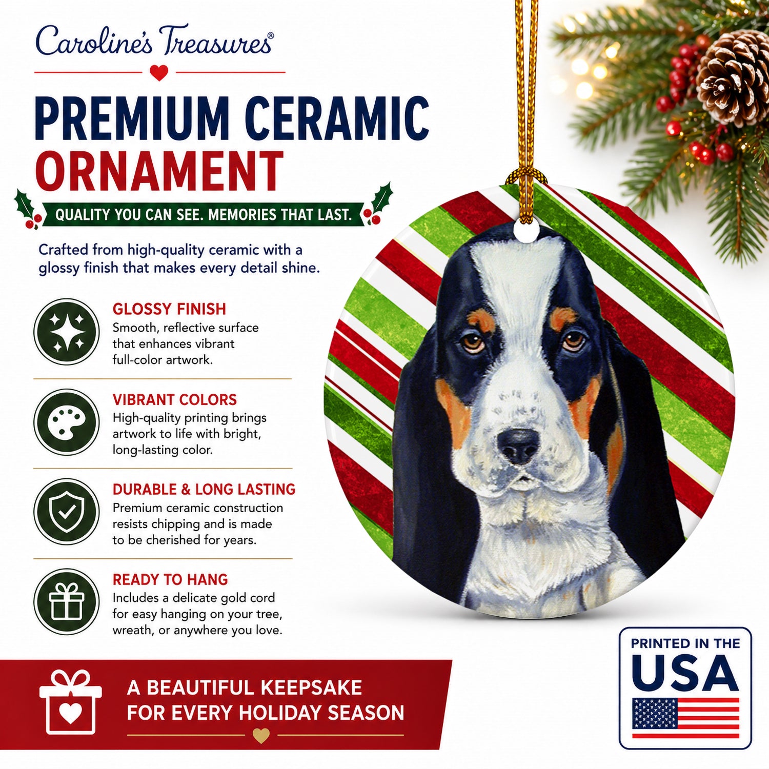 Basset Hound Candy Cane Holiday Christmas Ceramic Ornament Christmas Tree Hanging Decorations for Home Christmas Holiday, Party, Gift, 3 in, Multicolor