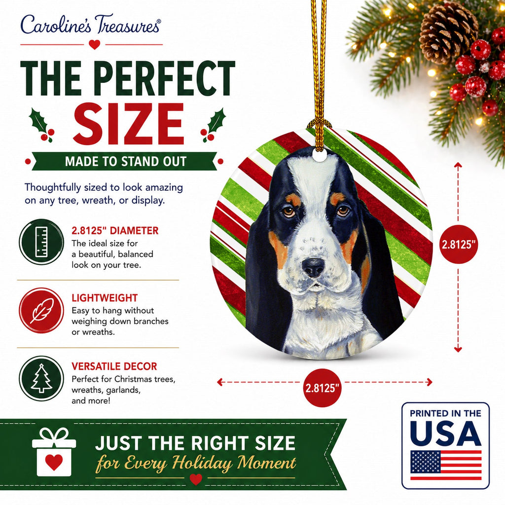 Basset Hound Candy Cane Holiday Christmas Ceramic Ornament Christmas Tree Hanging Decorations for Home Christmas Holiday, Party, Gift, 3 in, Multicolor