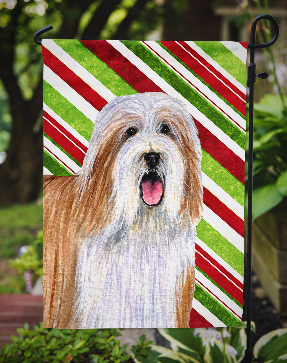 Bearded Collie Candy Cane Holiday Christmas Garden Flag Mailbox Decorative Yard Banner Outside Patio Artwork for Flower Beds, Garden Size, Multicolor