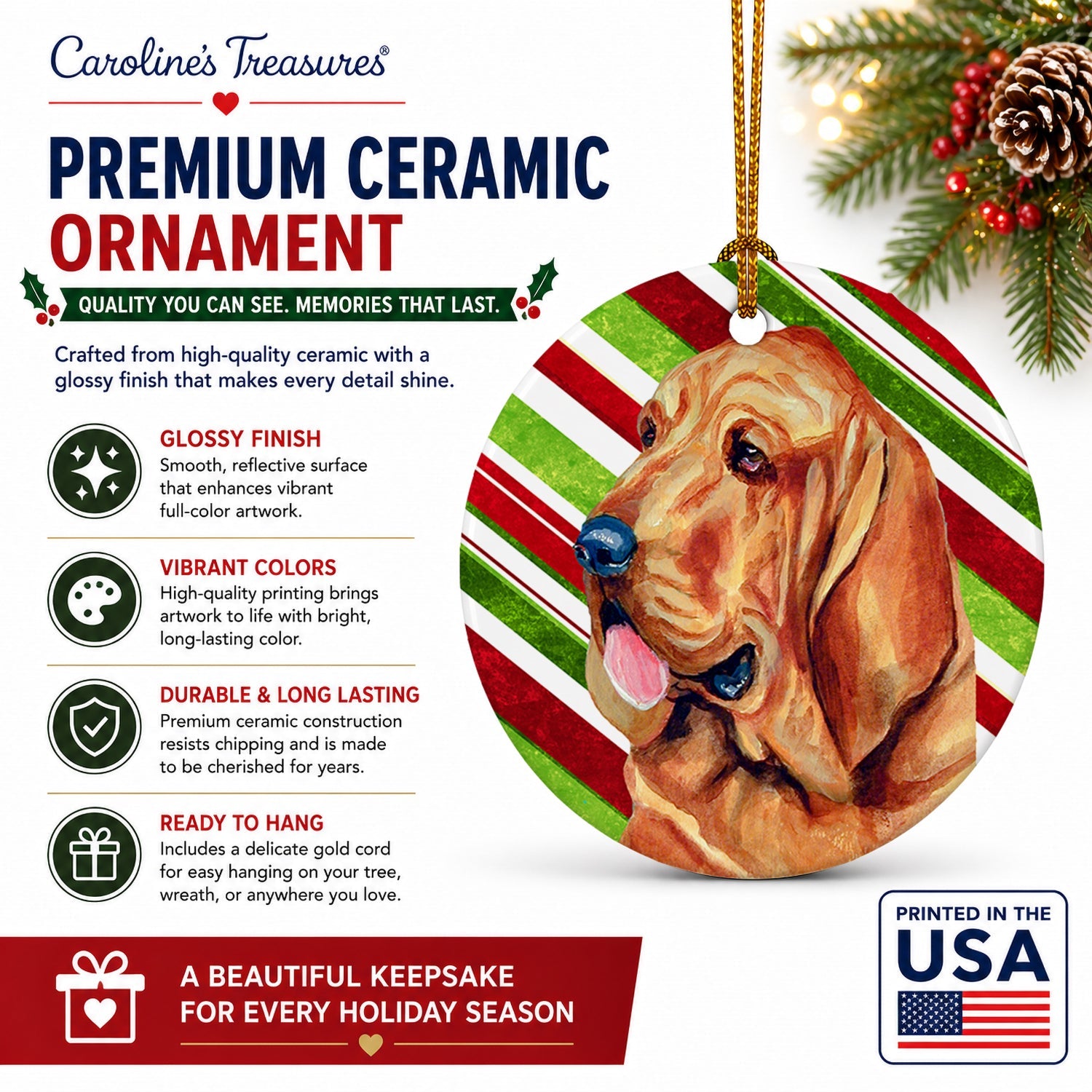 Bloodhound Candy Cane Holiday Christmas Ceramic Ornament Christmas Tree Hanging Decorations for Home Christmas Holiday, Party, Gift, 3 in, Multicolor