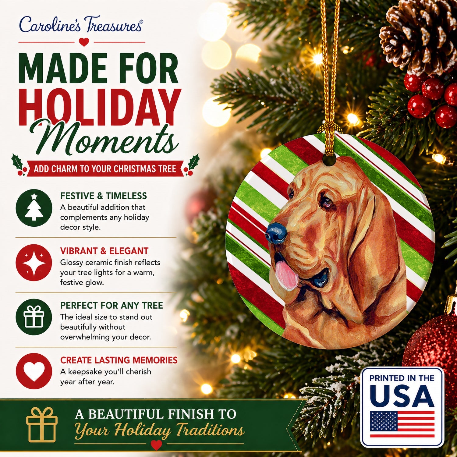 Bloodhound Candy Cane Holiday Christmas Ceramic Ornament Christmas Tree Hanging Decorations for Home Christmas Holiday, Party, Gift, 3 in, Multicolor