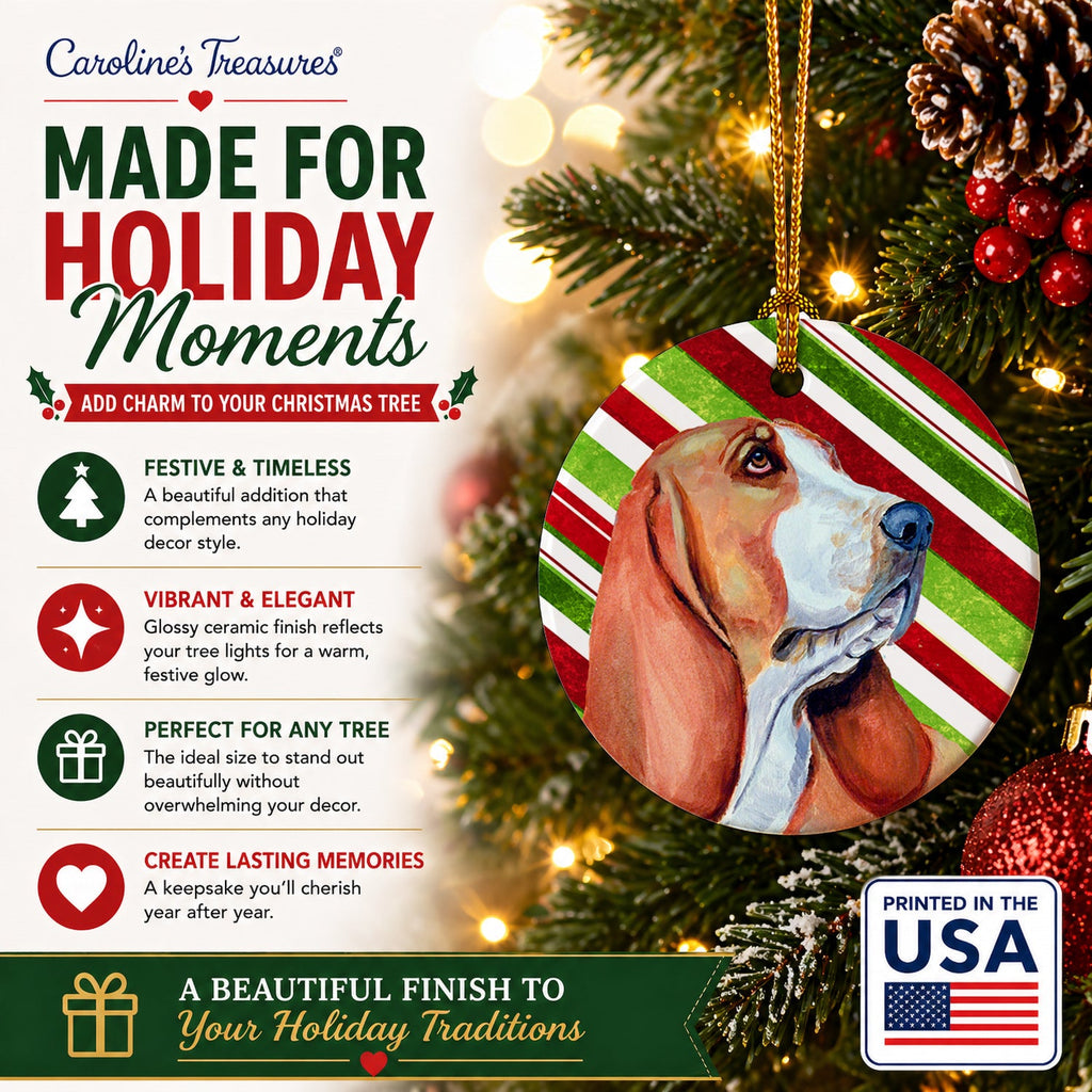 Basset Hound Candy Cane Holiday Christmas Ceramic Ornament Christmas Tree Hanging Decorations for Home Christmas Holiday, Party, Gift, 3 in, Multicolor