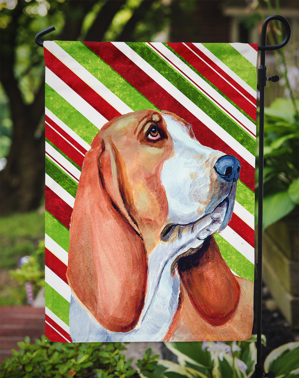 Basset Hound Candy Cane Holiday Christmas Garden Flag Mailbox Decorative Yard Banner Outside Patio Artwork for Flower Beds, Garden Size, Multicolor