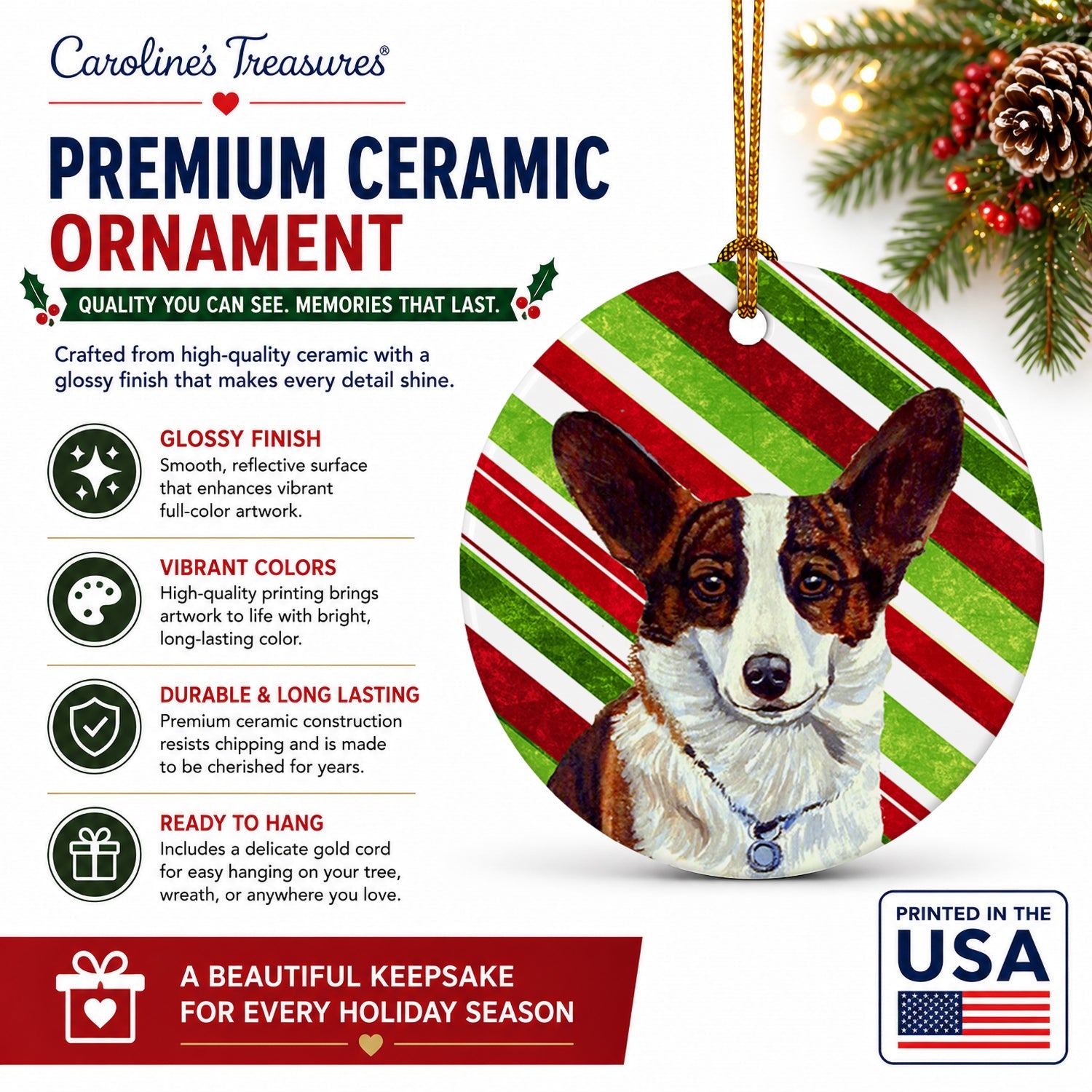 Corgi Candy Cane Holiday Christmas Ceramic Ornament Christmas Tree Hanging Decorations for Home Christmas Holiday, Party, Gift, 3 in, Multicolor
