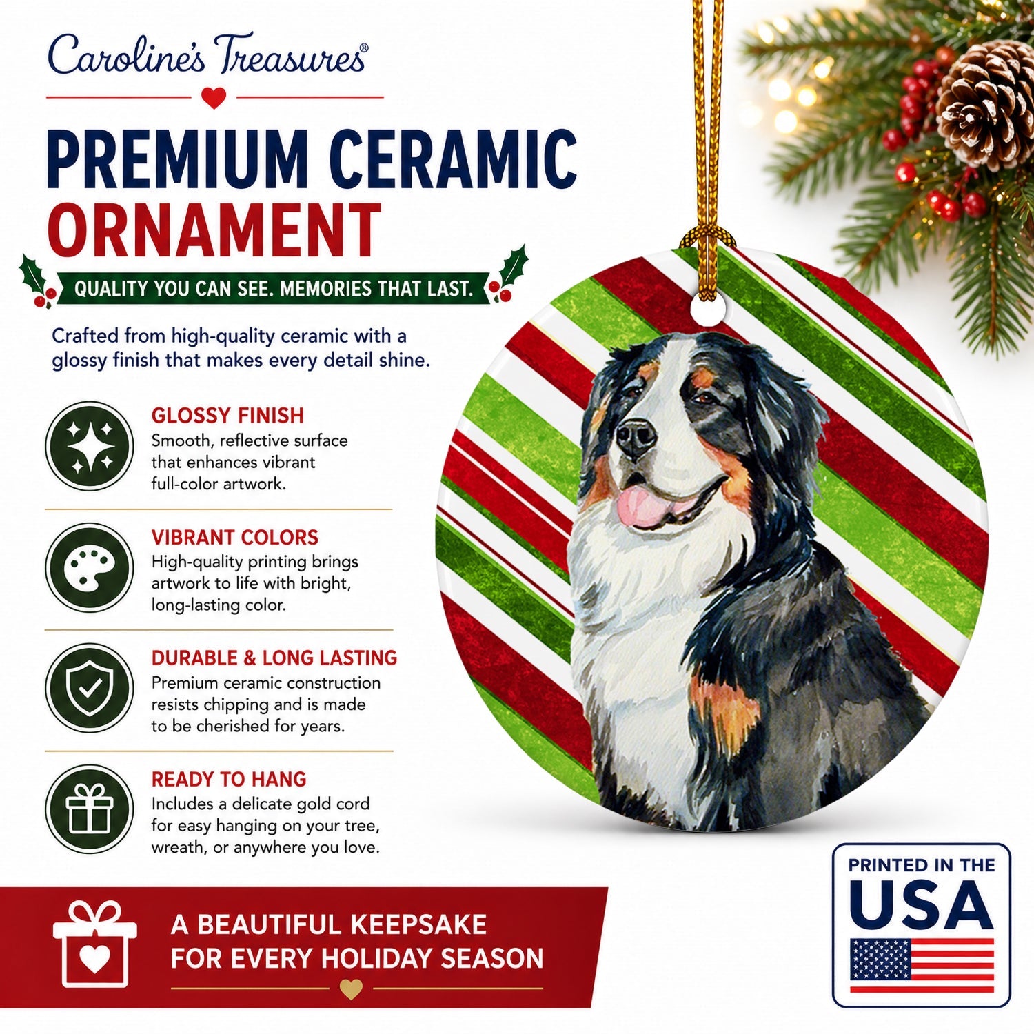 Bernese Mountain Dog Candy Cane Holiday Christmas Ceramic Ornament Christmas Tree Hanging Decorations for Home Christmas Holiday, Party, Gift, 3 in, Multicolor