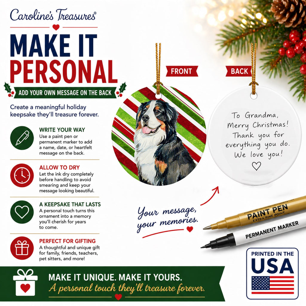 Bernese Mountain Dog Candy Cane Holiday Christmas Ceramic Ornament Christmas Tree Hanging Decorations for Home Christmas Holiday, Party, Gift, 3 in, Multicolor