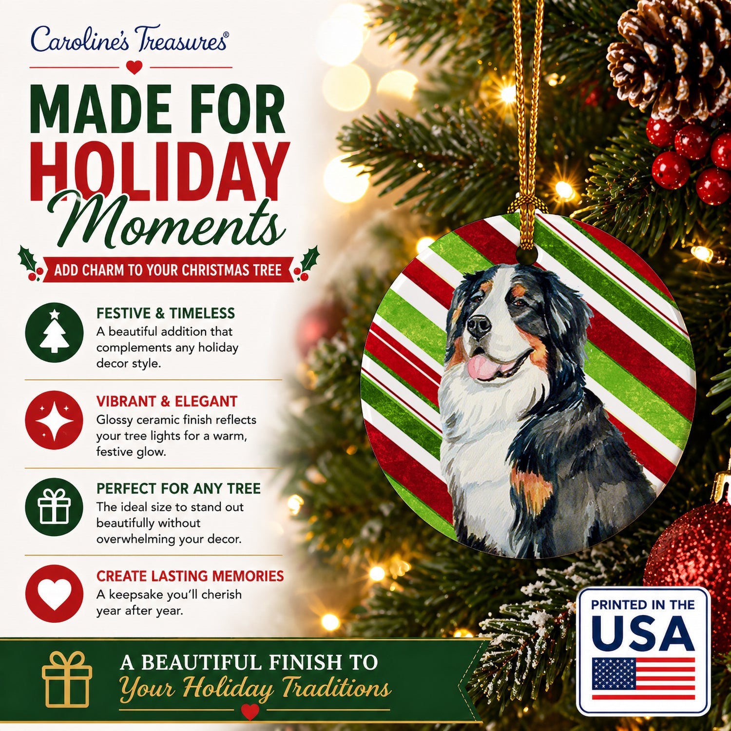 Bernese Mountain Dog Candy Cane Holiday Christmas Ceramic Ornament Christmas Tree Hanging Decorations for Home Christmas Holiday, Party, Gift, 3 in, Multicolor