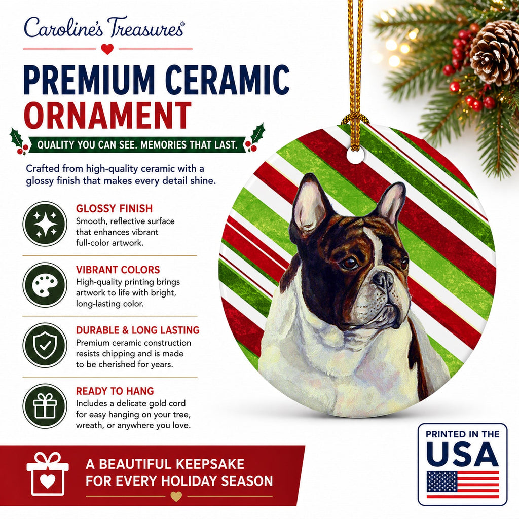 French Bulldog Candy Cane Holiday Christmas Ceramic Ornament Christmas Tree Hanging Decorations for Home Christmas Holiday, Party, Gift, 3 in, Multicolor