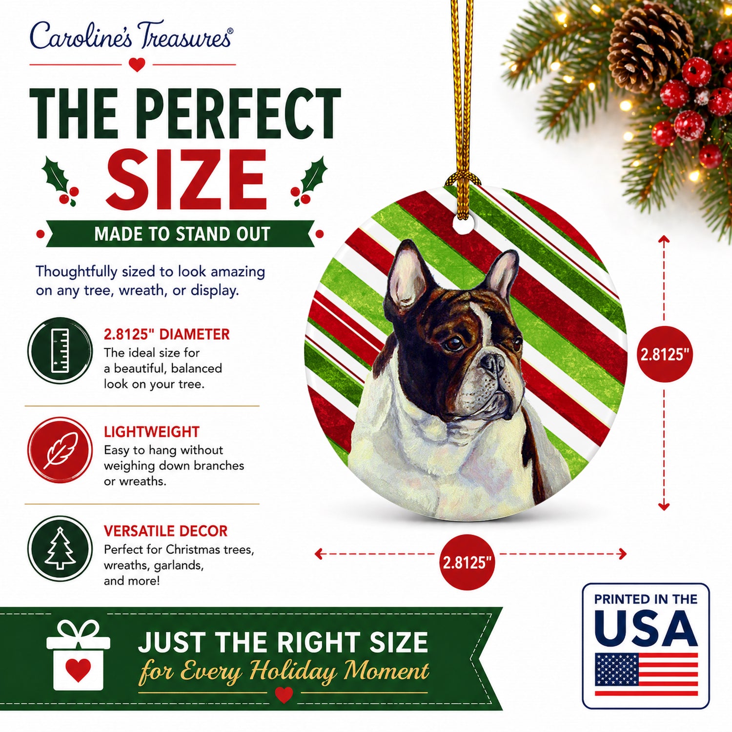 French Bulldog Candy Cane Holiday Christmas Ceramic Ornament Christmas Tree Hanging Decorations for Home Christmas Holiday, Party, Gift, 3 in, Multicolor