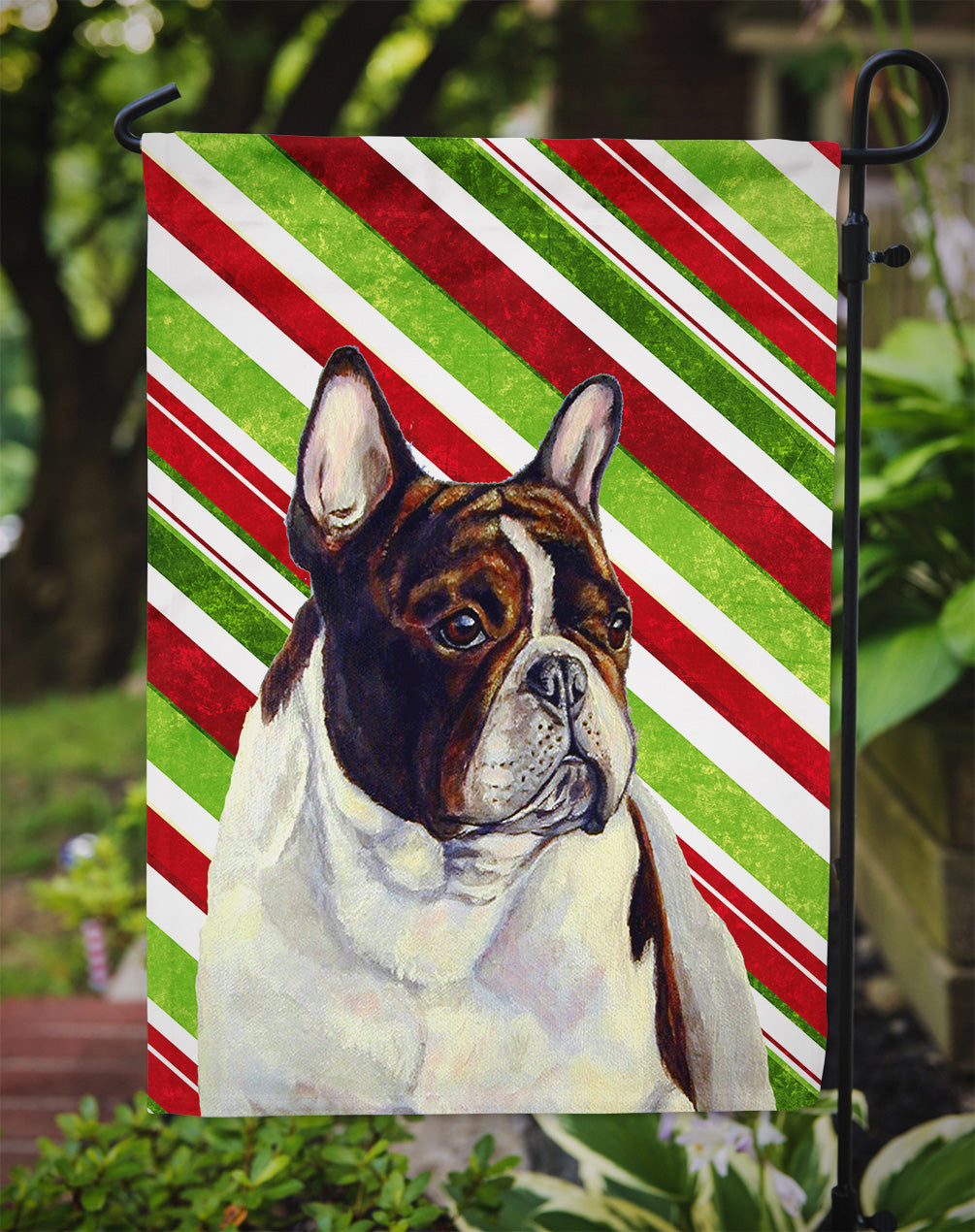 French Bulldog Candy Cane Holiday Christmas Garden Flag Mailbox Decorative Yard Banner Outside Patio Artwork for Flower Beds, Garden Size, Multicolor