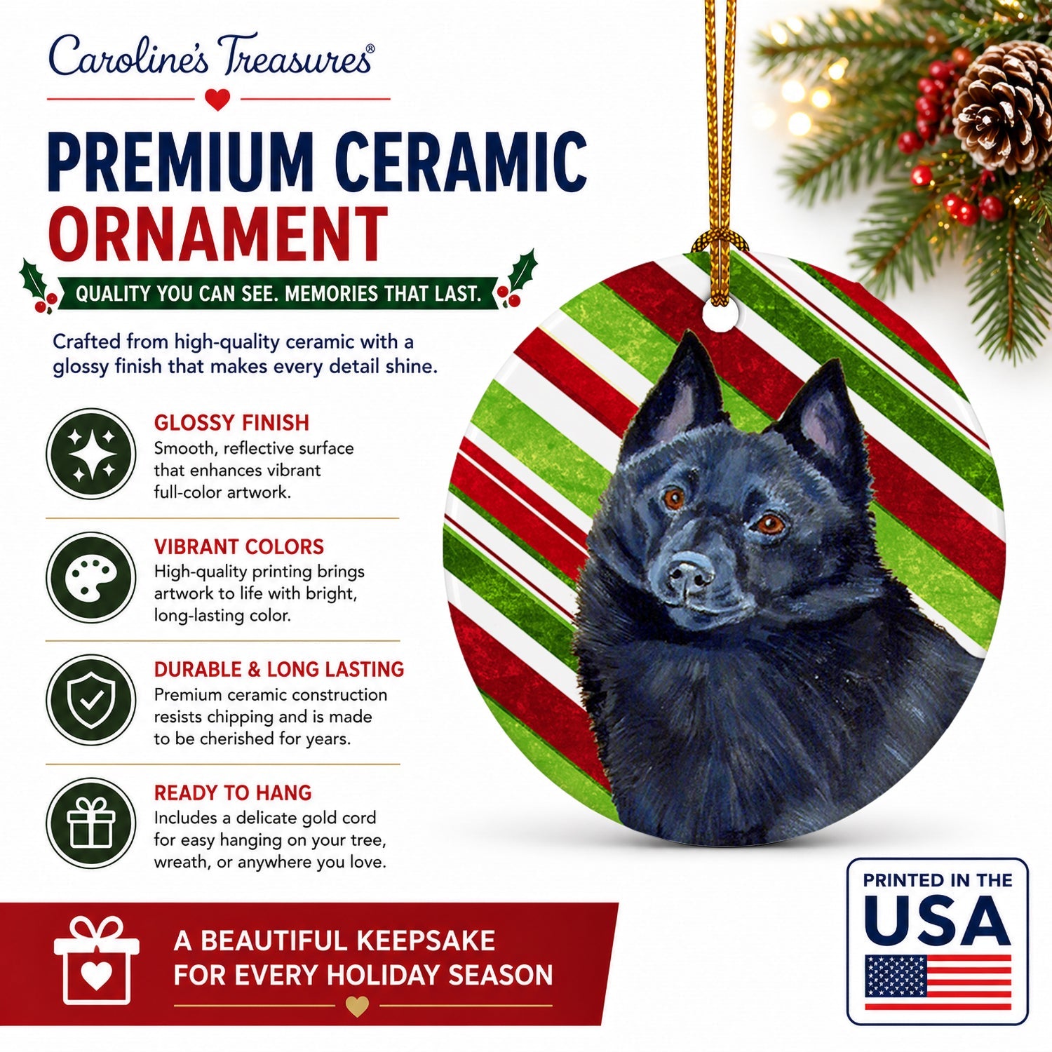 Schipperke Candy Cane Holiday Christmas Ceramic Ornament Christmas Tree Hanging Decorations for Home Christmas Holiday, Party, Gift, 3 in, Multicolor
