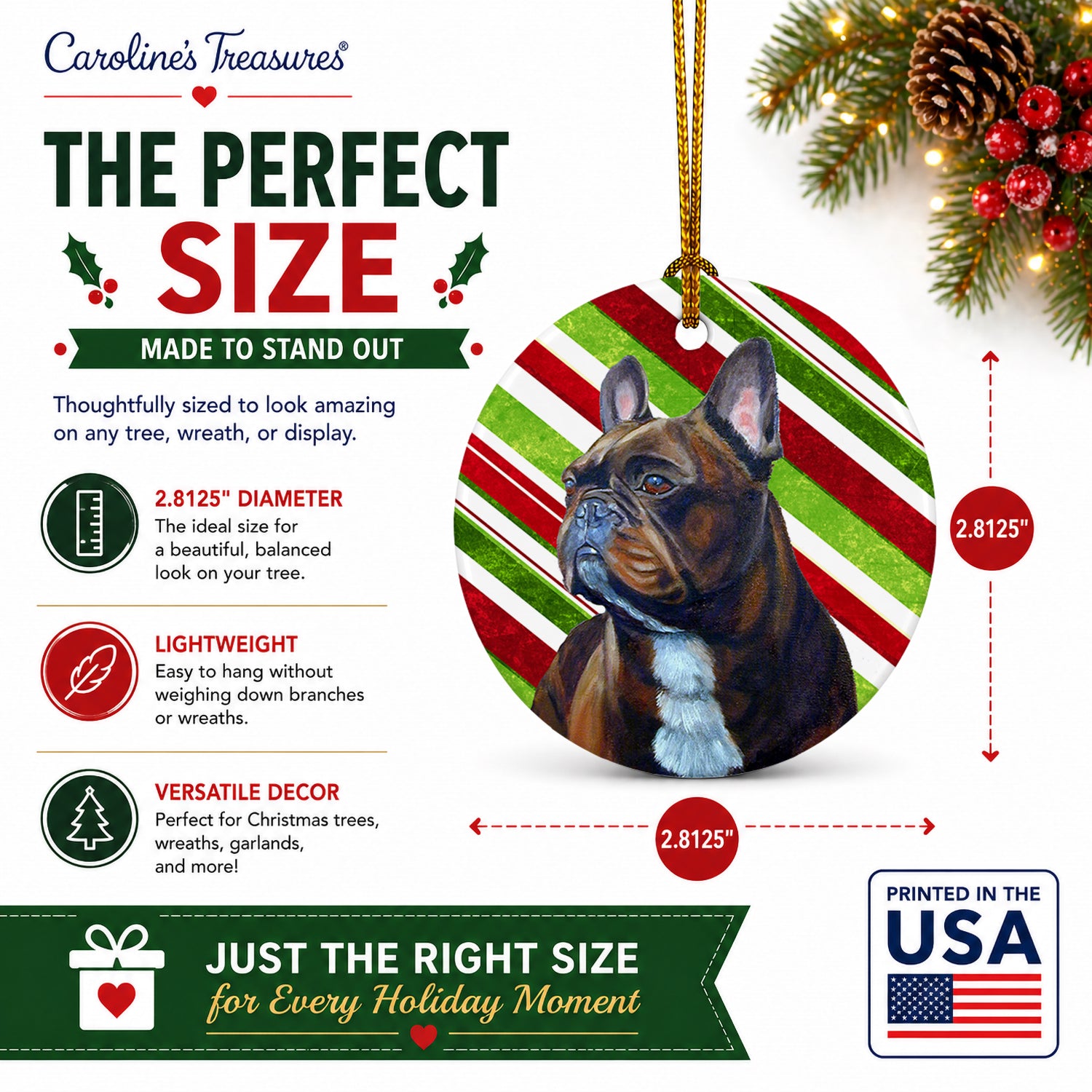 French Bulldog Candy Cane Holiday Christmas Ceramic Ornament Christmas Tree Hanging Decorations for Home Christmas Holiday, Party, Gift, 3 in, Multicolor