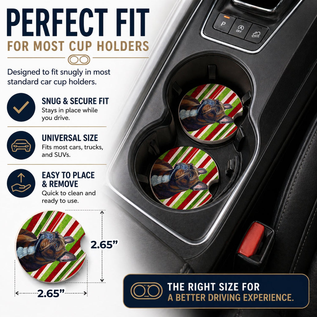 French Bulldog Candy Cane Holiday Christmas Set of 2 Cup Holder Car Coasters Absorbent Round Sandstone Coasters Gifts for Men or Women, 2.5, Multicolor
