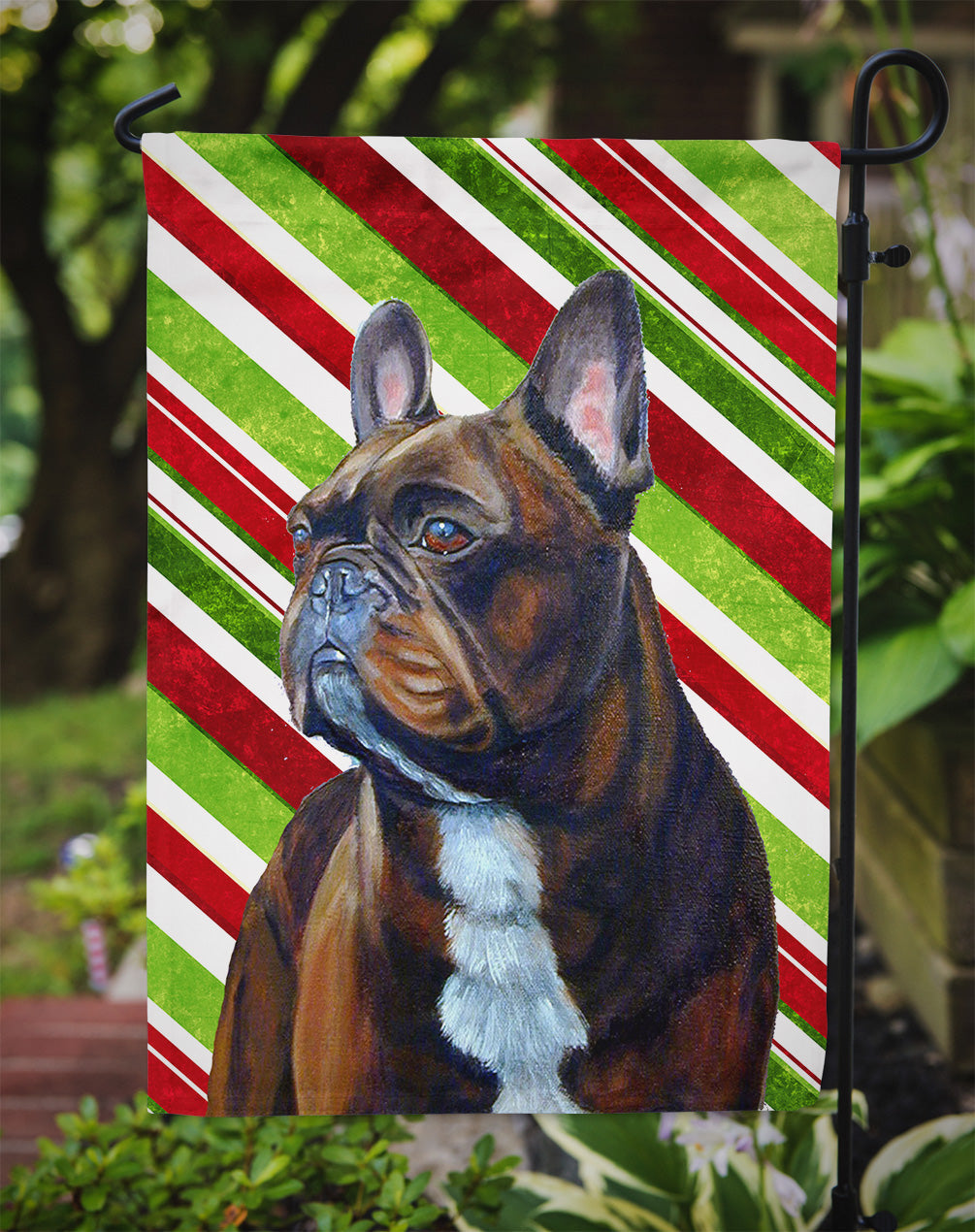 French Bulldog Candy Cane Holiday Christmas Garden Flag Mailbox Decorative Yard Banner Outside Patio Artwork for Flower Beds, Garden Size, Multicolor
