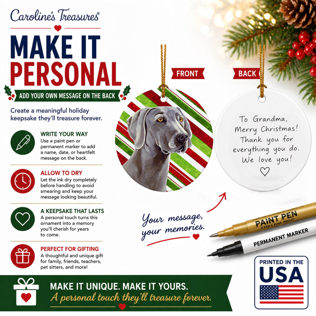 Weimaraner Candy Cane Holiday Christmas Ceramic Ornament Christmas Tree Hanging Decorations for Home Christmas Holiday, Party, Gift, 3 in, Multicolor