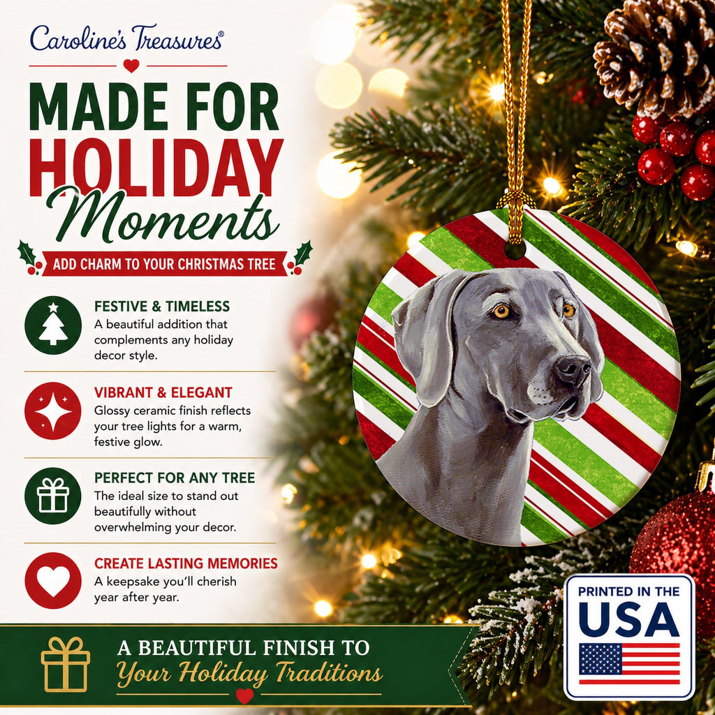 Weimaraner Candy Cane Holiday Christmas Ceramic Ornament Christmas Tree Hanging Decorations for Home Christmas Holiday, Party, Gift, 3 in, Multicolor