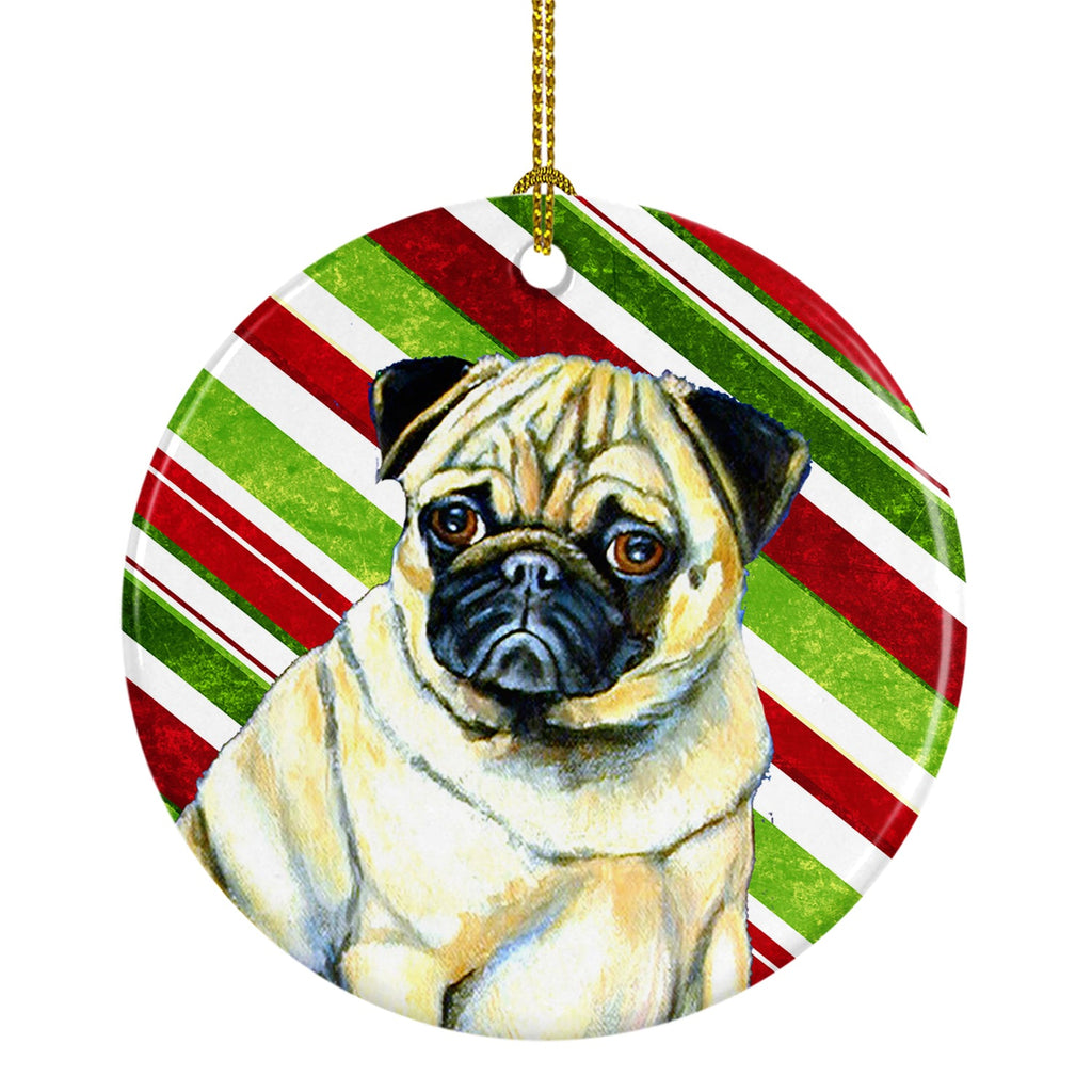 Pug Candy Cane Holiday Christmas Ceramic Ornament Christmas Tree Hanging Decorations for Home Christmas Holiday, Party, Gift, 3 in, Multicolor
