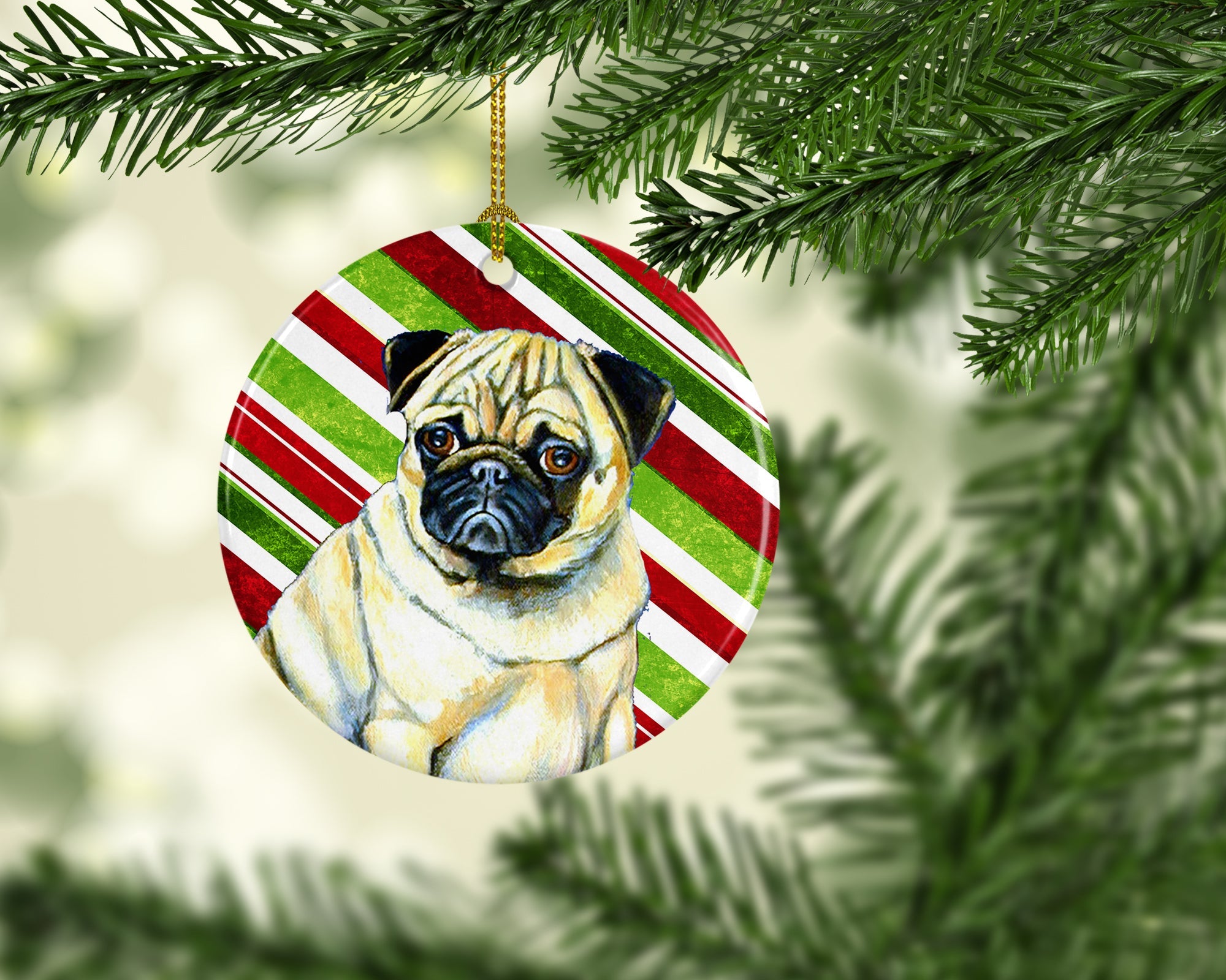 Pug Candy Cane Holiday Christmas Ceramic Ornament Christmas Tree Hanging Decorations for Home Christmas Holiday, Party, Gift, 3 in, Multicolor