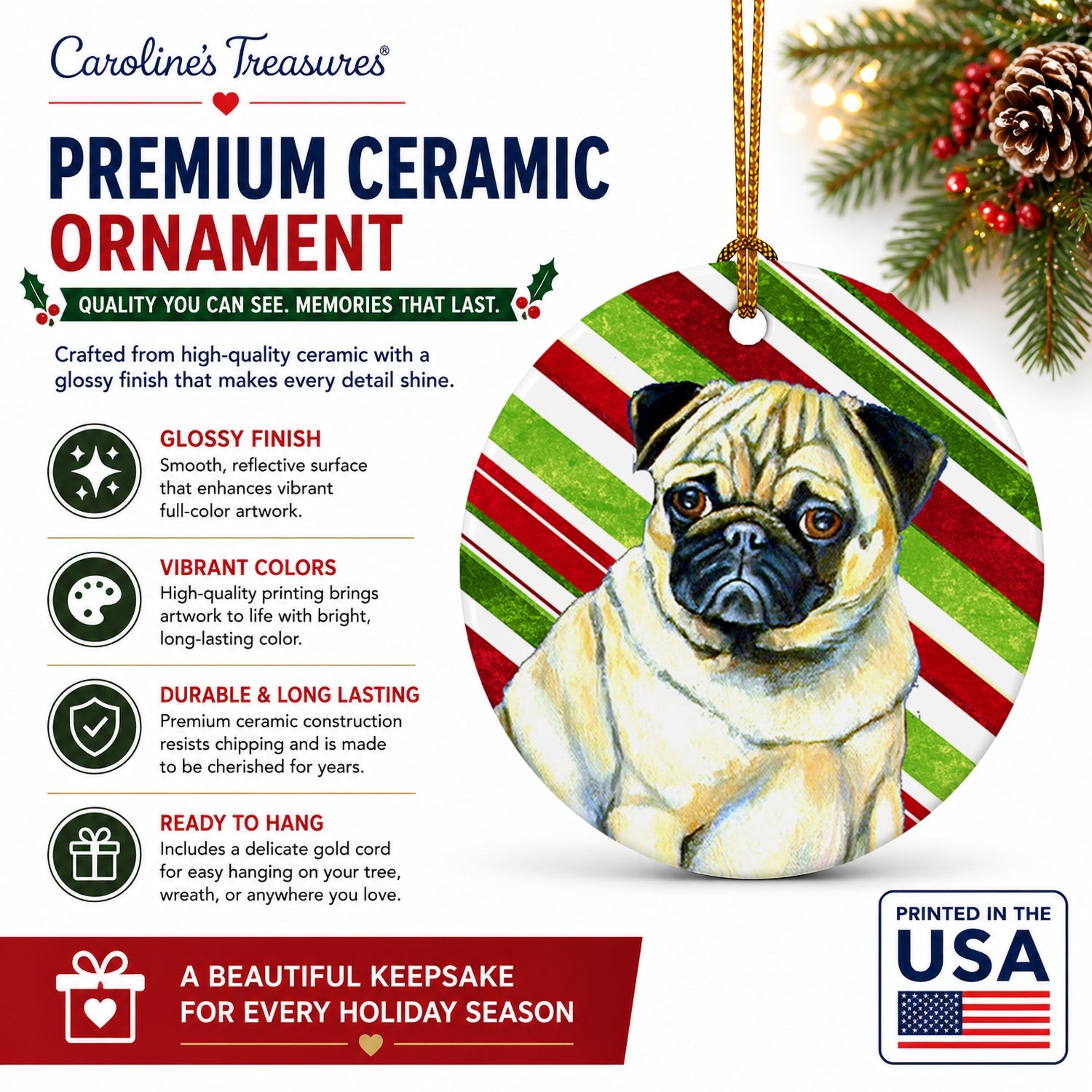 Pug Candy Cane Holiday Christmas Ceramic Ornament Christmas Tree Hanging Decorations for Home Christmas Holiday, Party, Gift, 3 in, Multicolor