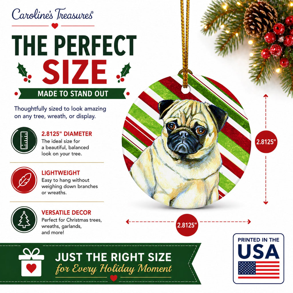 Pug Candy Cane Holiday Christmas Ceramic Ornament Christmas Tree Hanging Decorations for Home Christmas Holiday, Party, Gift, 3 in, Multicolor