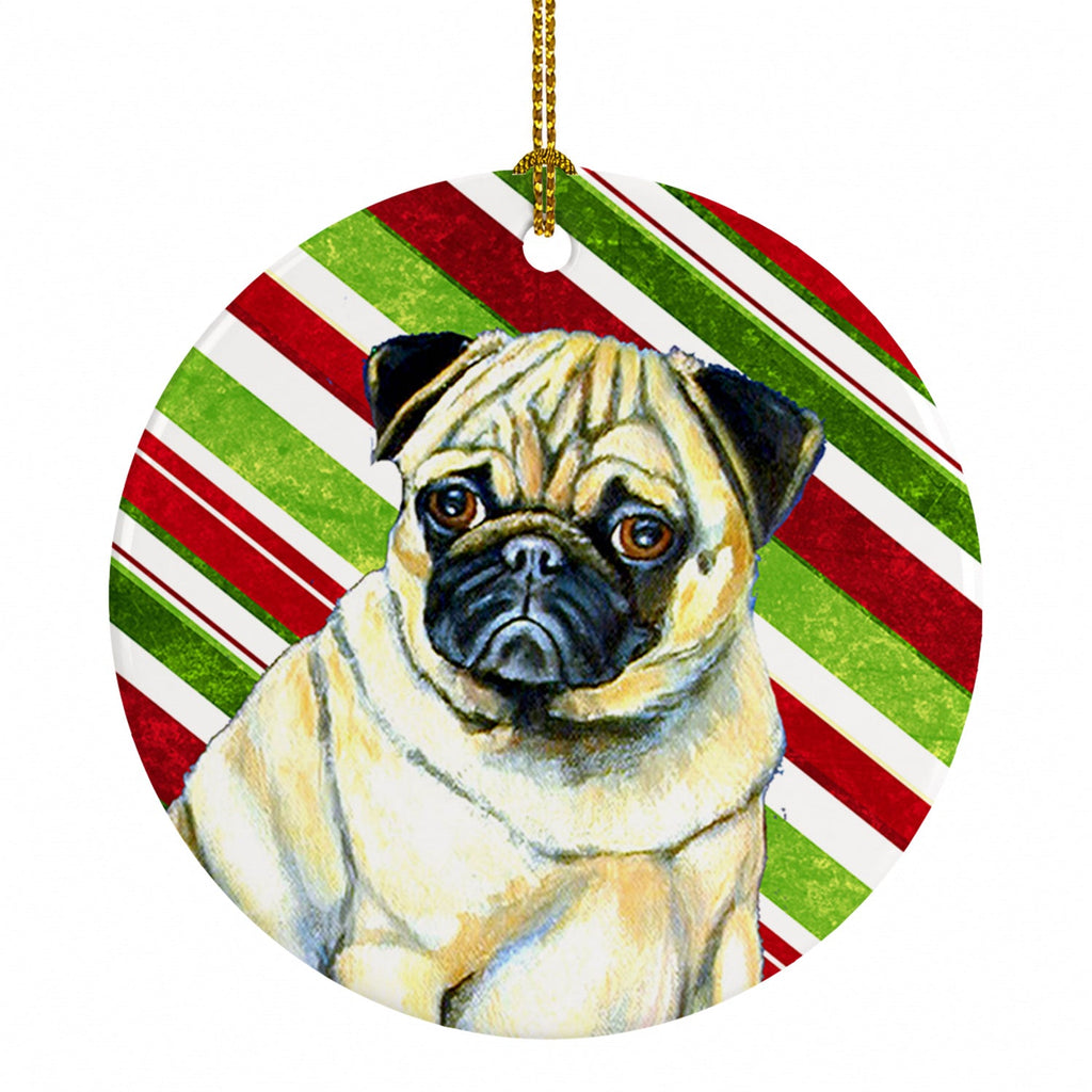 Pug Candy Cane Holiday Christmas Ceramic Ornament Christmas Tree Hanging Decorations for Home Christmas Holiday, Party, Gift, 3 in, Multicolor