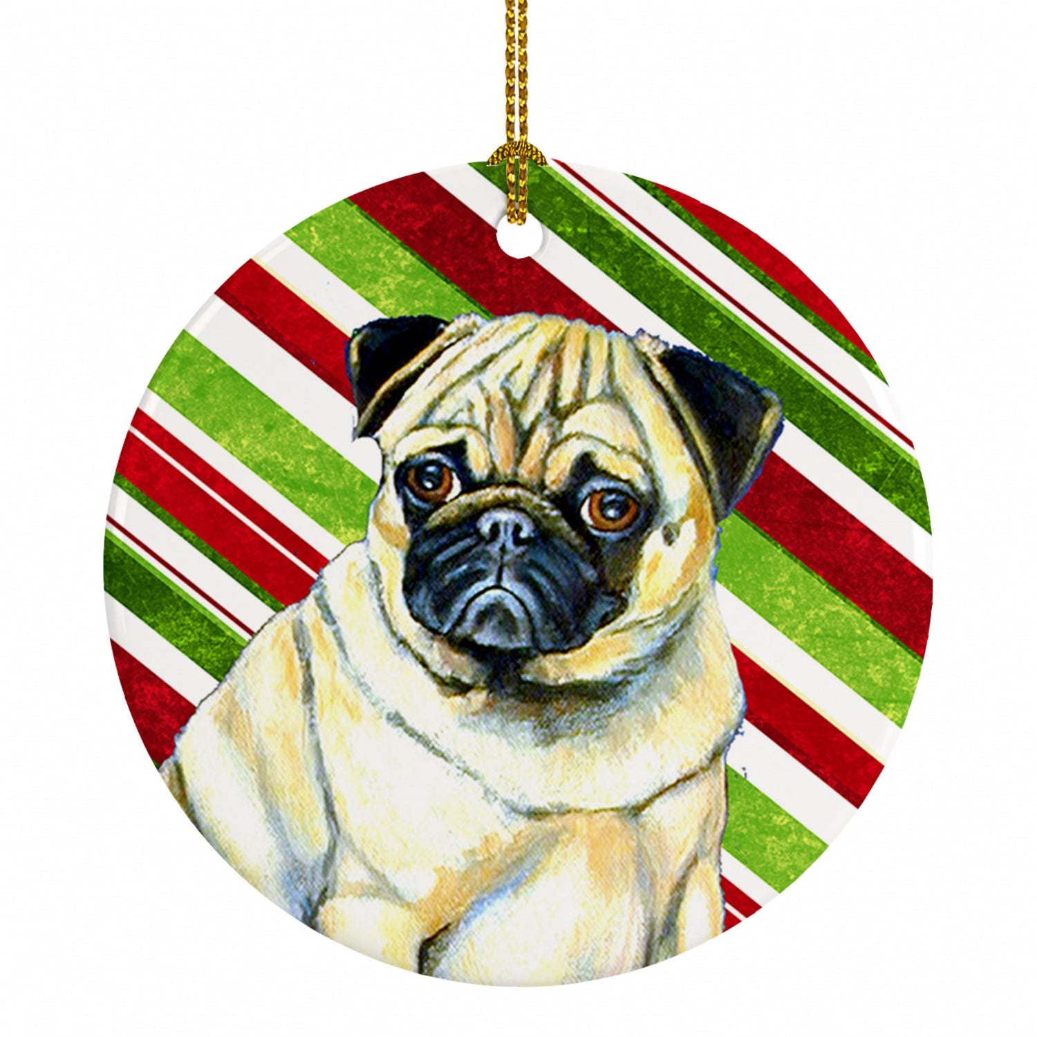 Pug Candy Cane Holiday Christmas Ceramic Ornament Christmas Tree Hanging Decorations for Home Christmas Holiday, Party, Gift, 3 in, Multicolor