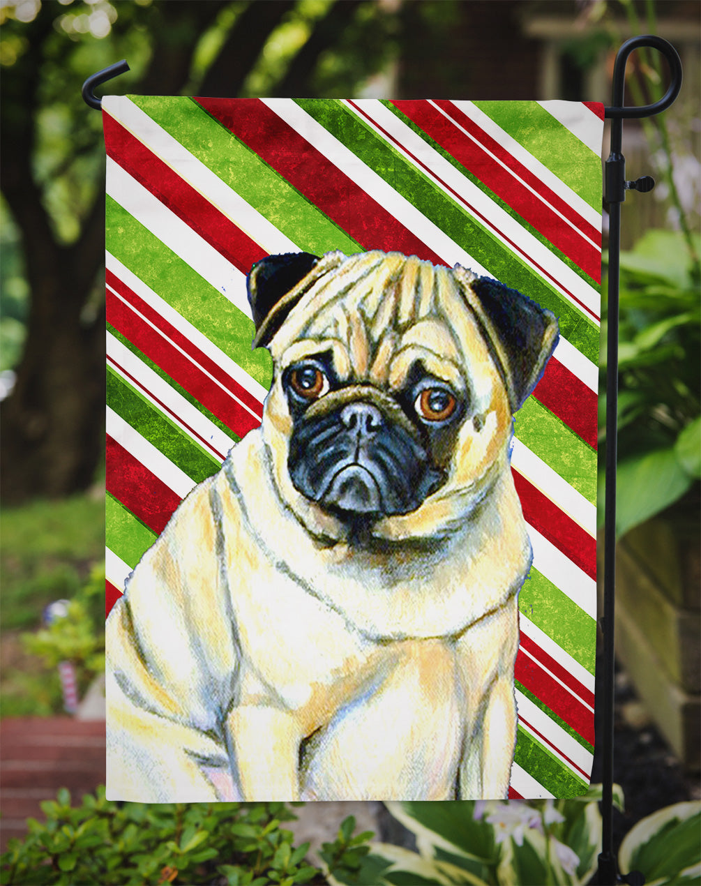 Pug Candy Cane Holiday Christmas Garden Flag Mailbox Decorative Yard Banner Outside Patio Artwork for Flower Beds, Garden Size, Multicolor